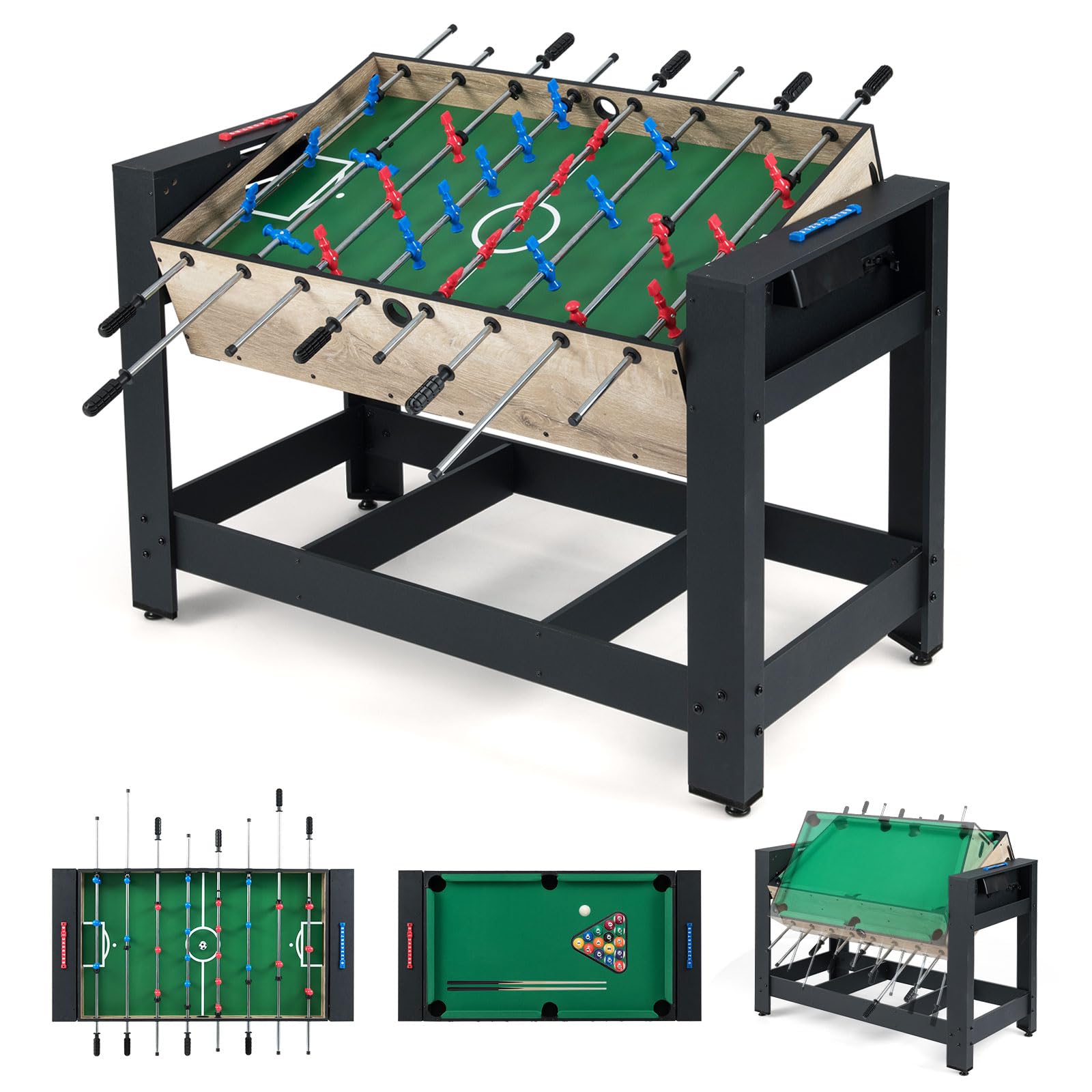 GYMAX 2 in 1 Multi Game Table, Football & Pool Combo Table with Legs, 2 foosballs, Cue Sticks, Triangle, Brush & Chalks, 122 cm Combination Games Table for Kids Adults