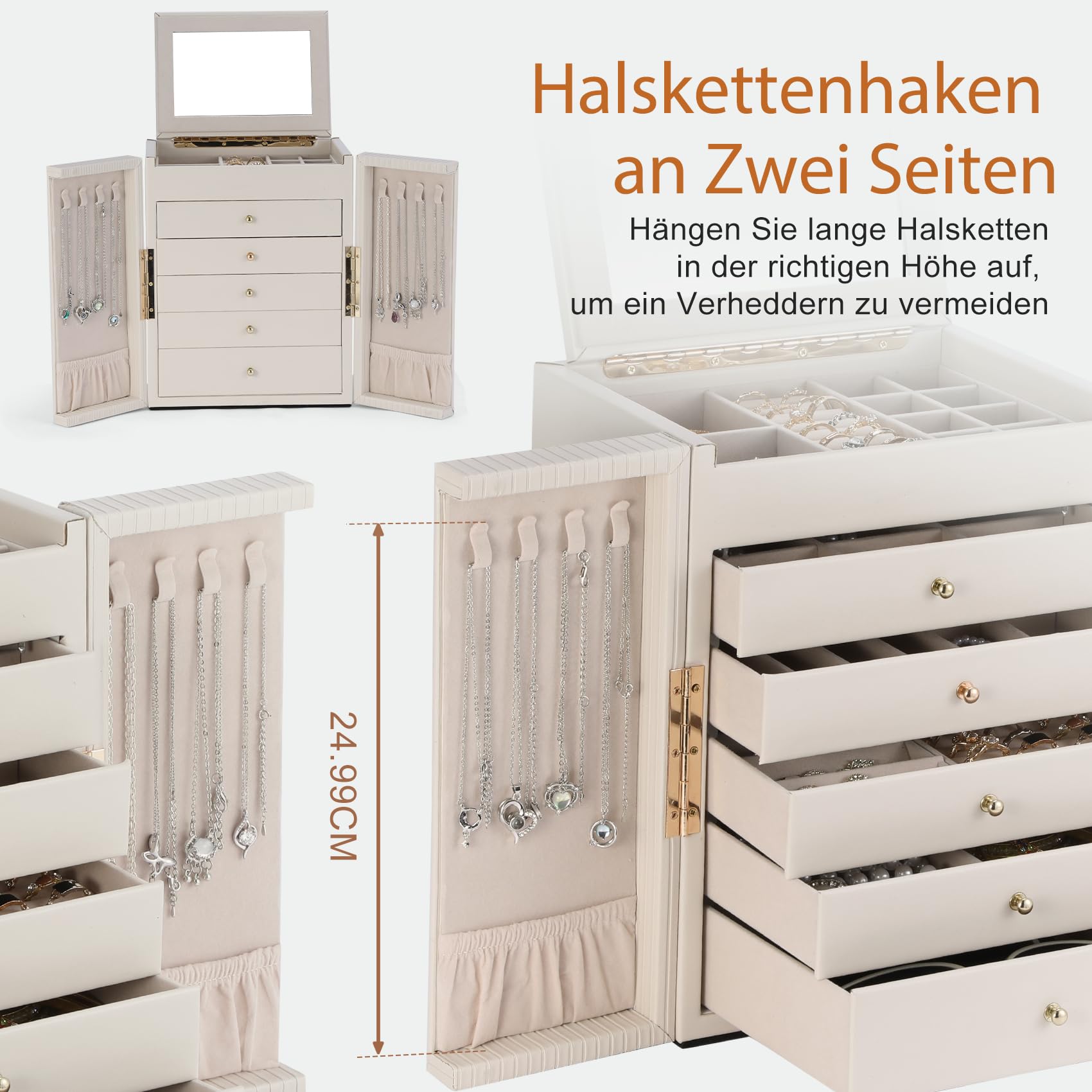 Dajasan Groß Schmuckaufbewahrung, 6 Ebenen Schmuckkästchen mit 5 Schubladen, Schmuckkasten mit Spiegel & Doppeltür, Schmuckschrank aus Vertikales Textur Leder, Modern, Geschenk für Damen (Beige)