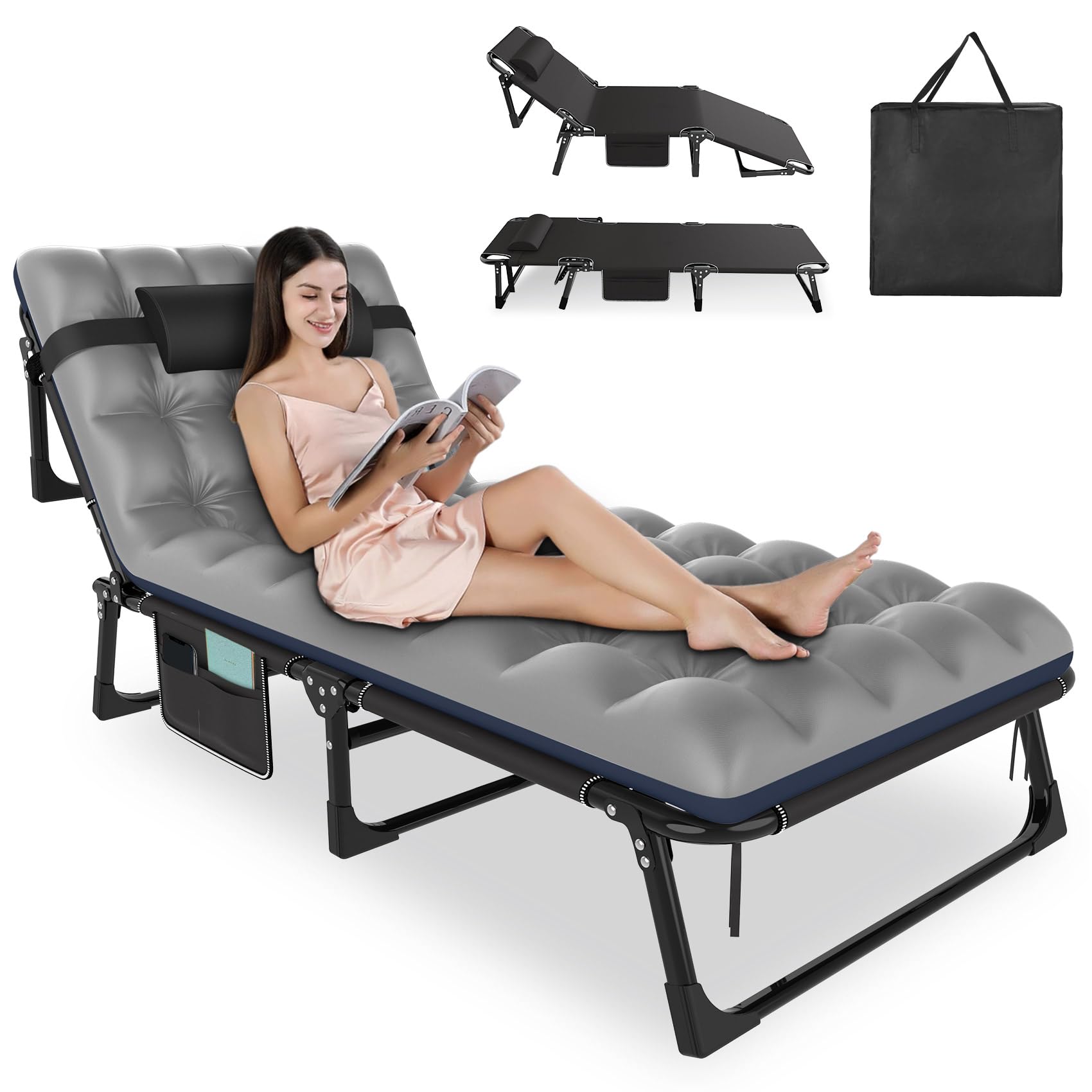 Slendor 3 in 1 Folding Camping Cot Bed, 5 Positions Adjustable Patio Chaise Lounge Chair, Portable Sleeping Cots for Adults with Storage Bag for Bedroom, Pool, Patio, Black Cot + Gray/Blue Pad
