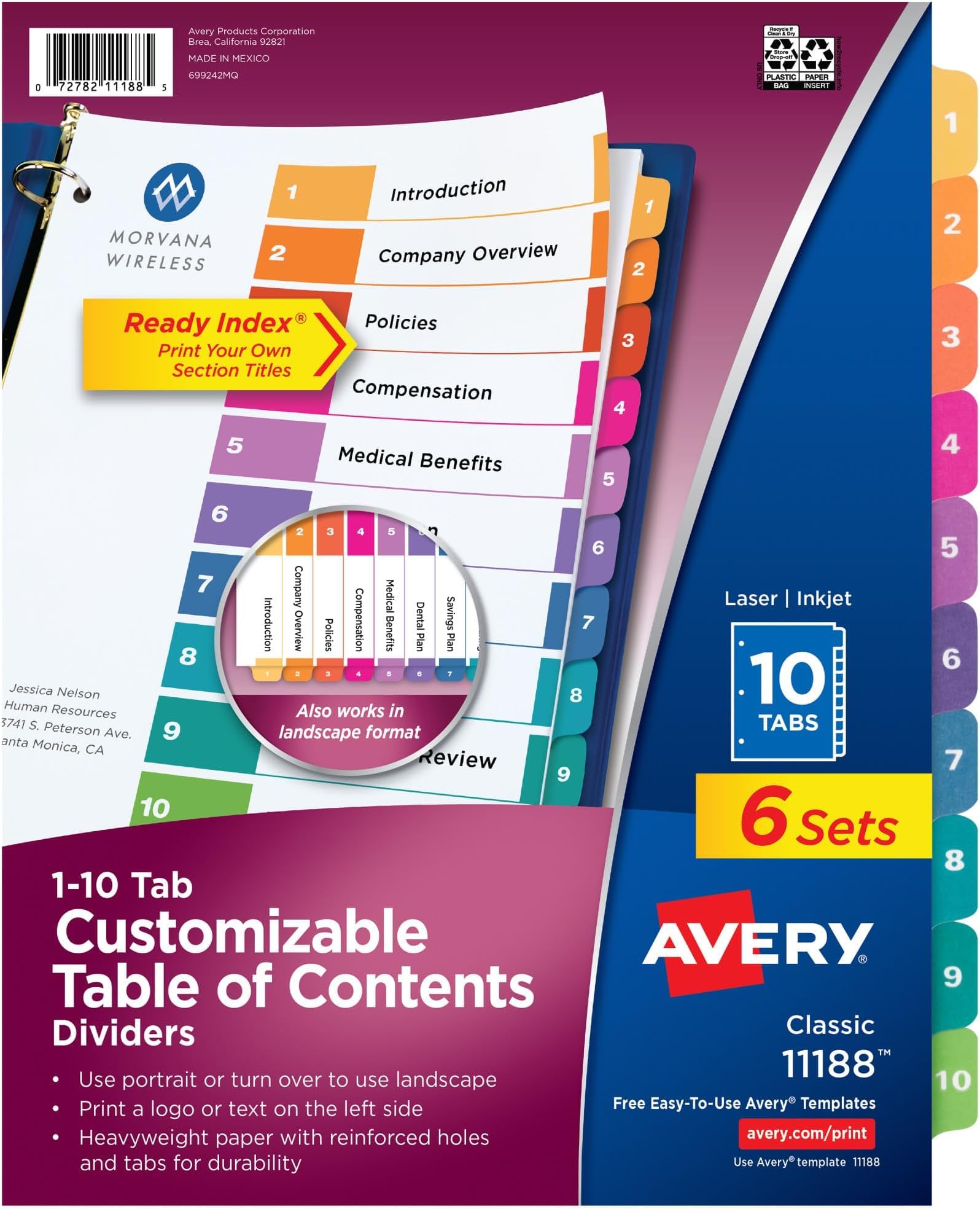 Avery 10 Tab Dividers | Multicolor Tabs | Table of Contents | For 3 Ring Binders | Pack of 48