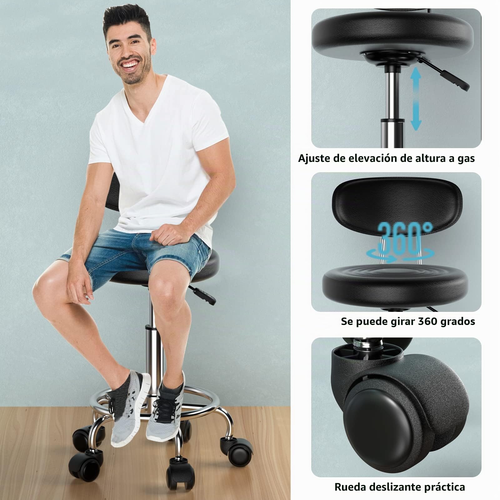 2X Taburete Giratorio con Ruedas, Silla Escritorio Altura Ajustable, Taburetes Altos de Cocina con Respaldo y Reposapiés, Acero Cromado, Sillas Bar, Silla Tocador Maquillaje, Silla Alta Negro