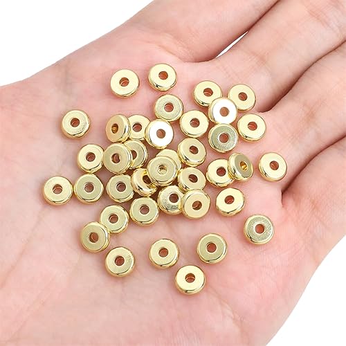 Miniatura 4 de Cuentas espaciadoras de disco chapadas en oro de 14 quilates, 0.276 x 0.087 in, 50 unidades para hacer joyas, no se deslustran