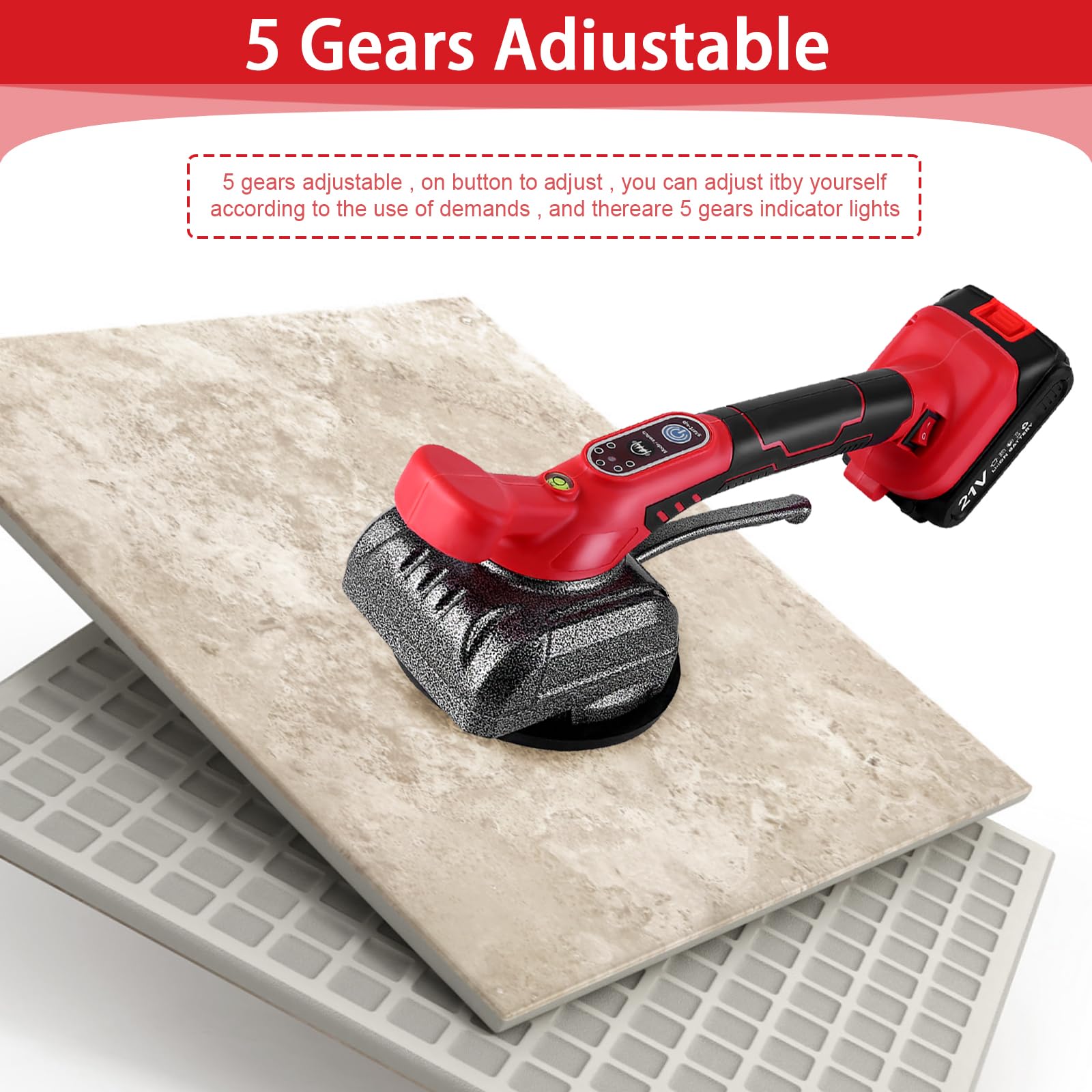 21V Vibreur Carrelage Manuel Machine à Carrelage Ventouse Carrelage avec 2 Batteries, 5 Vitesses, 80kg Capacité d'Adsorption, Pose d'outils vibrants Décoration de la maison Outils