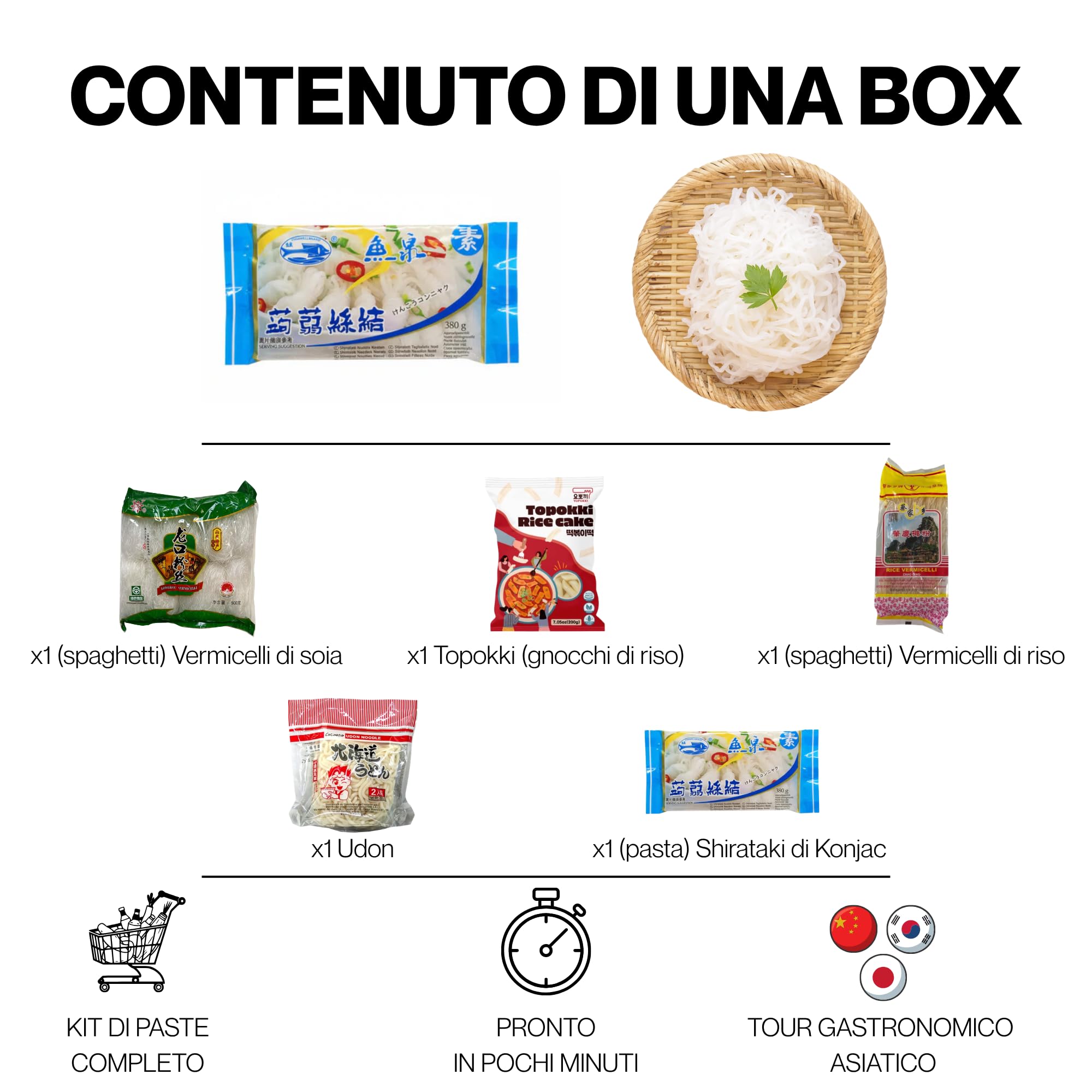Hu Taste Kit Cibo Asiatico Box Degustazione con Noodles, Spaghetti di Soia, Spaghetti di Riso, Spaghetti Konjac Shirasaki, Udon Giapponese Precotti e Gnocchi di Riso Coreani Tteokbokki
