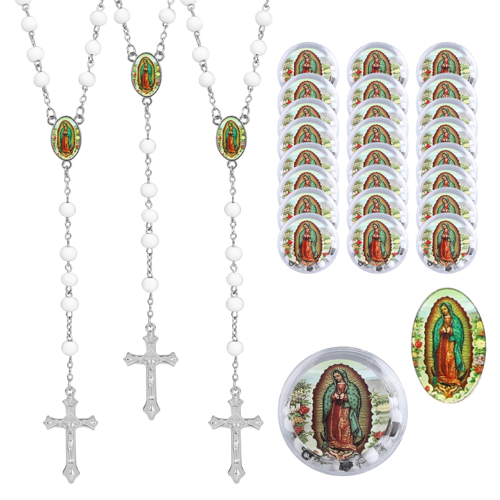 24PCS White Rosary Beads, Rosary Necklace Bulk for Baptism Favors with 24 Clear Gifts Box,Rosarios Catolicos with Crucifix Pendant,First Communion