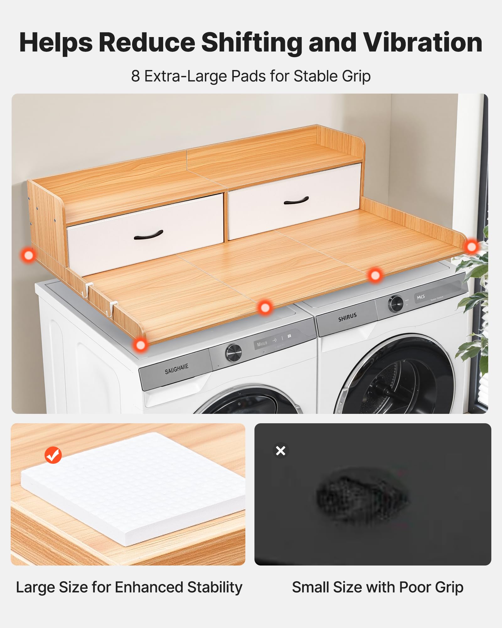 VEVOR Piano di Lavoro per Lavatrice e Asciugatrice con Ripiano 137 x 69,9 cm, Piano d'Appoggio con 2 Cassetti Integrati e 2 Ganci, Struttura in Legno per Zona Lavanderia con Ampia Superficie di Lavoro