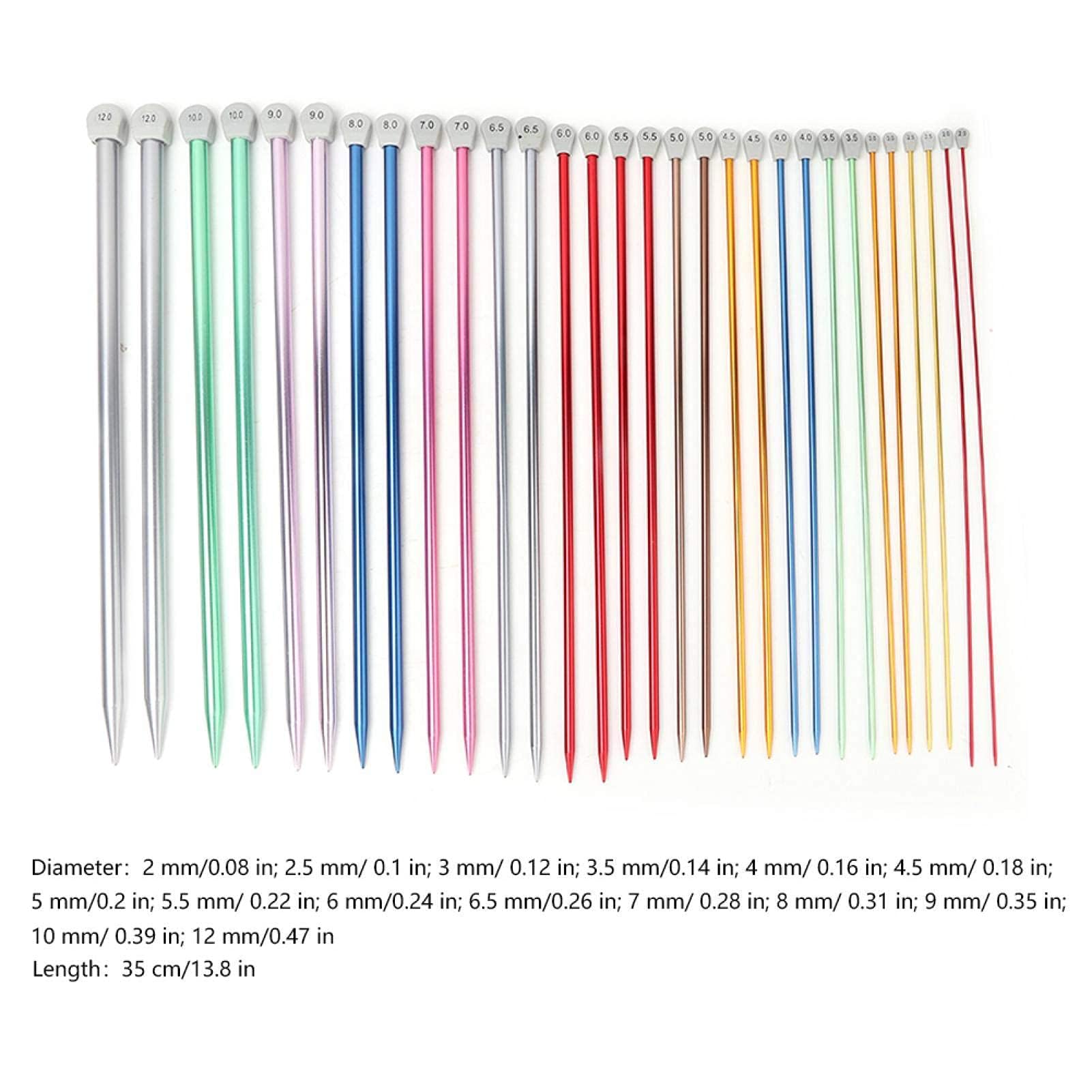 Juego de 15 pares de agujas de tejer de aluminio rectas, kit de una punta para principiantes, grosores de 2 mm a 12 mm para bricolaje (35 cm)