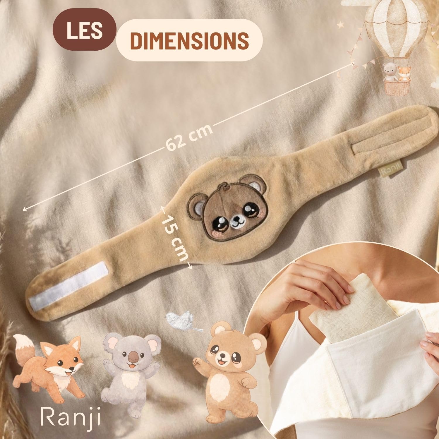 RANJI - Bouillotte Bébé Anti Colique à Noyaux de Cerise – Ceinture Chauffante Micro-ondes OEKO-TEX & Coton Bio GOTS pour Coliques du Nourrisson (Ourson)