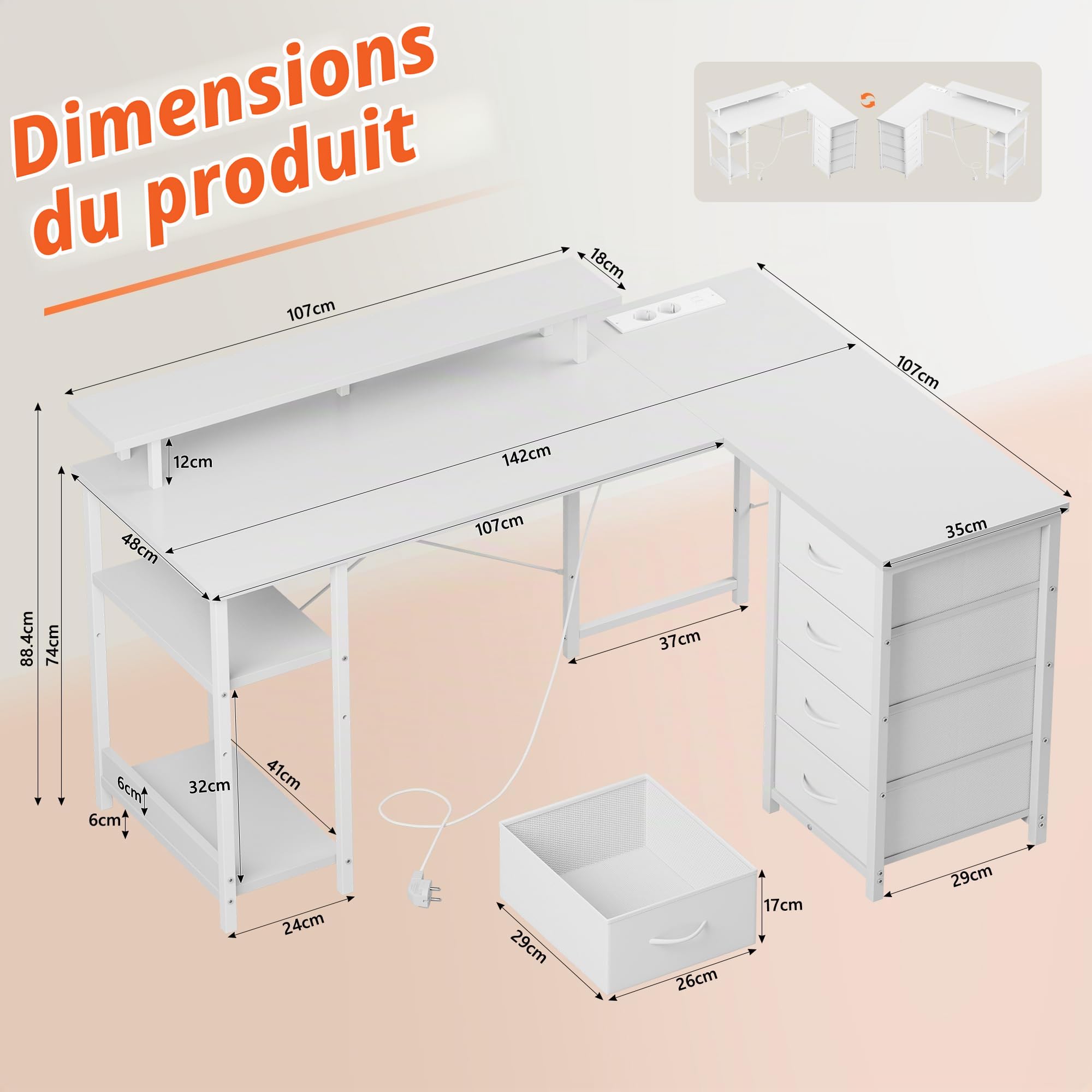 YOUDENOVA Bureau avec 4 Tiroirs, 142 × 107 cm, Bureau d'angle Réversible avec LED et Prise, Bureau Gaming en L avec Support pour Moniteur, Bureau avec Rangement pour Home Office et Gamer, Blanc
