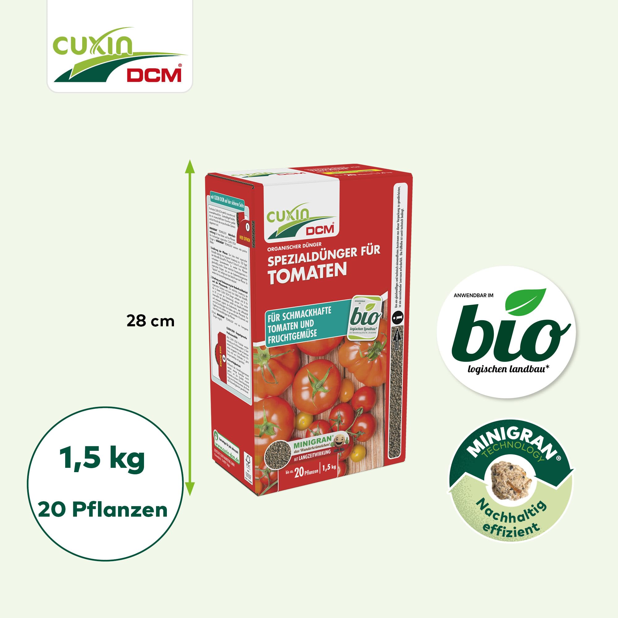 CUXIN DCM Engrais spécial pour tomates – Engrais pour tomates – Avec technologie MINIGRAN® – Engrais pour tomates – Engrais bio organique – 1,5 kg pour 20 plantes