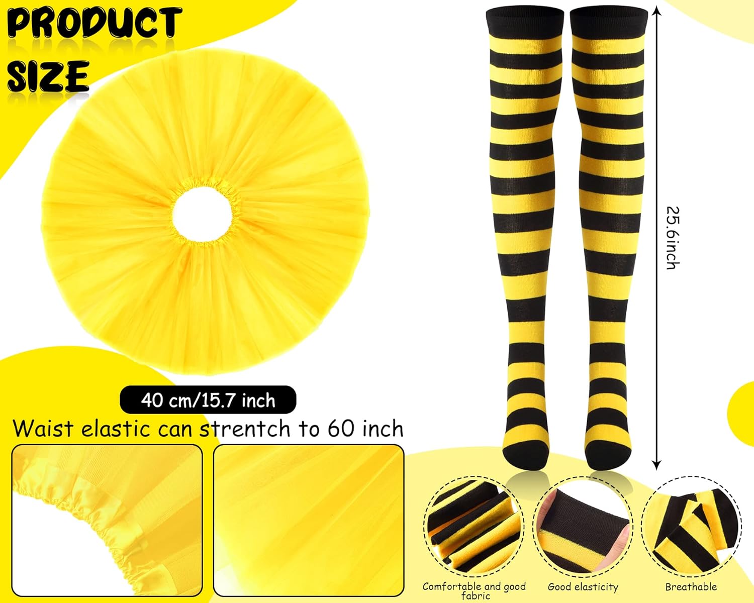 4 Pcs Woman Bee Costume Set Yellow Bee Costume Antenna Headband Tutu Skirt Stripe Socks for Halloween Honeybee Party Cosplay - Image 3