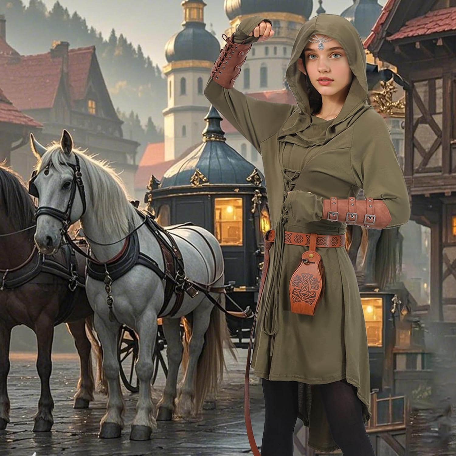 7PCS Renaissance Medieval Costume Women, Hooded Fairy Dress Lace Up Outfits with Vintage Arm Pouch Belt Faux Leather - Image 6