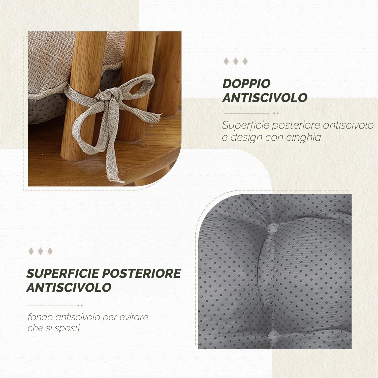 Set di 4 cuscini per sedie da pranzo, in memory foam, con laccetti e retro antiscivolo, cuscini trapuntati per sedie da pranzo, 40 x 40 x 10 cm, colore: beige