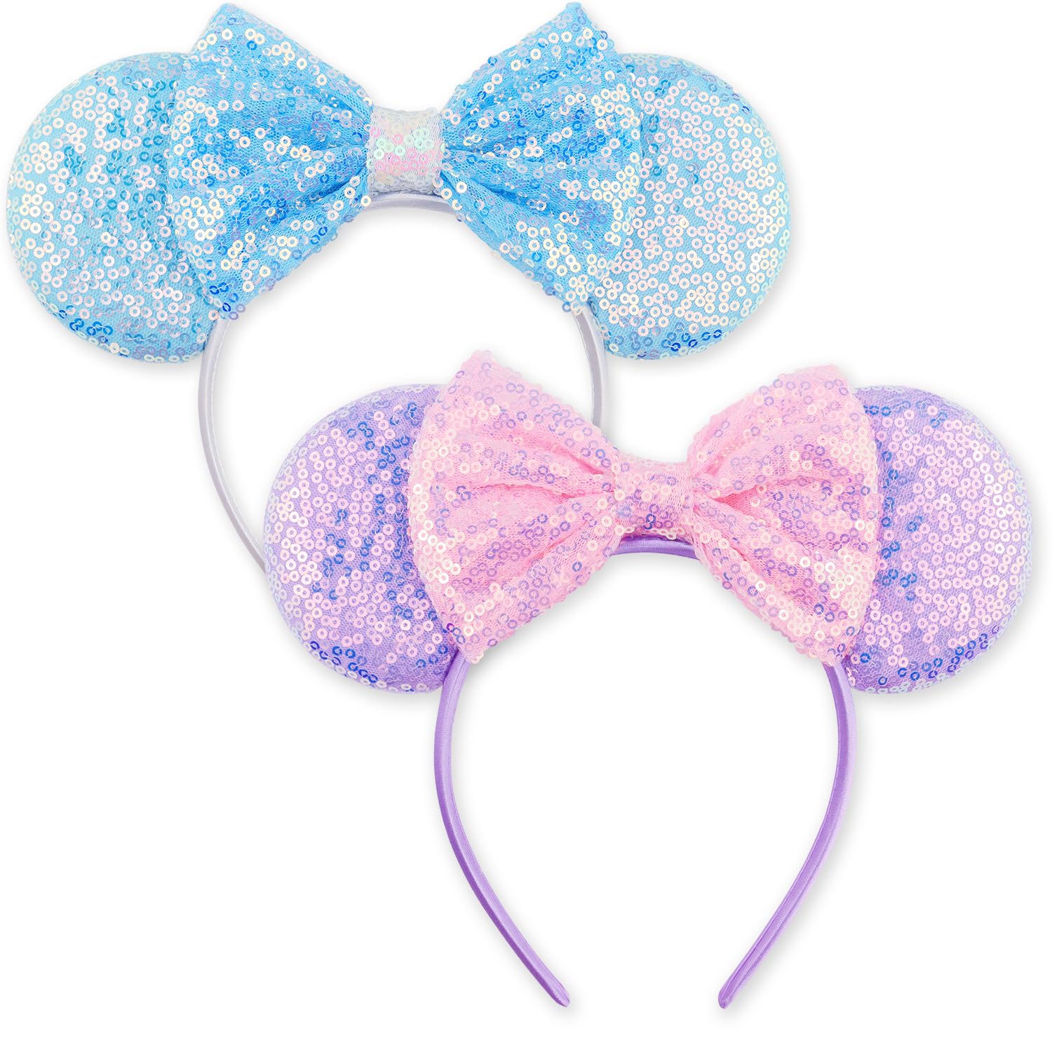 LIHELEI Mouse Ears Headband for Princess, Pink Headbands for Women Halloween Costume, Sequin Bows Headwear Hair Accessories -2 pack Blue+Purple