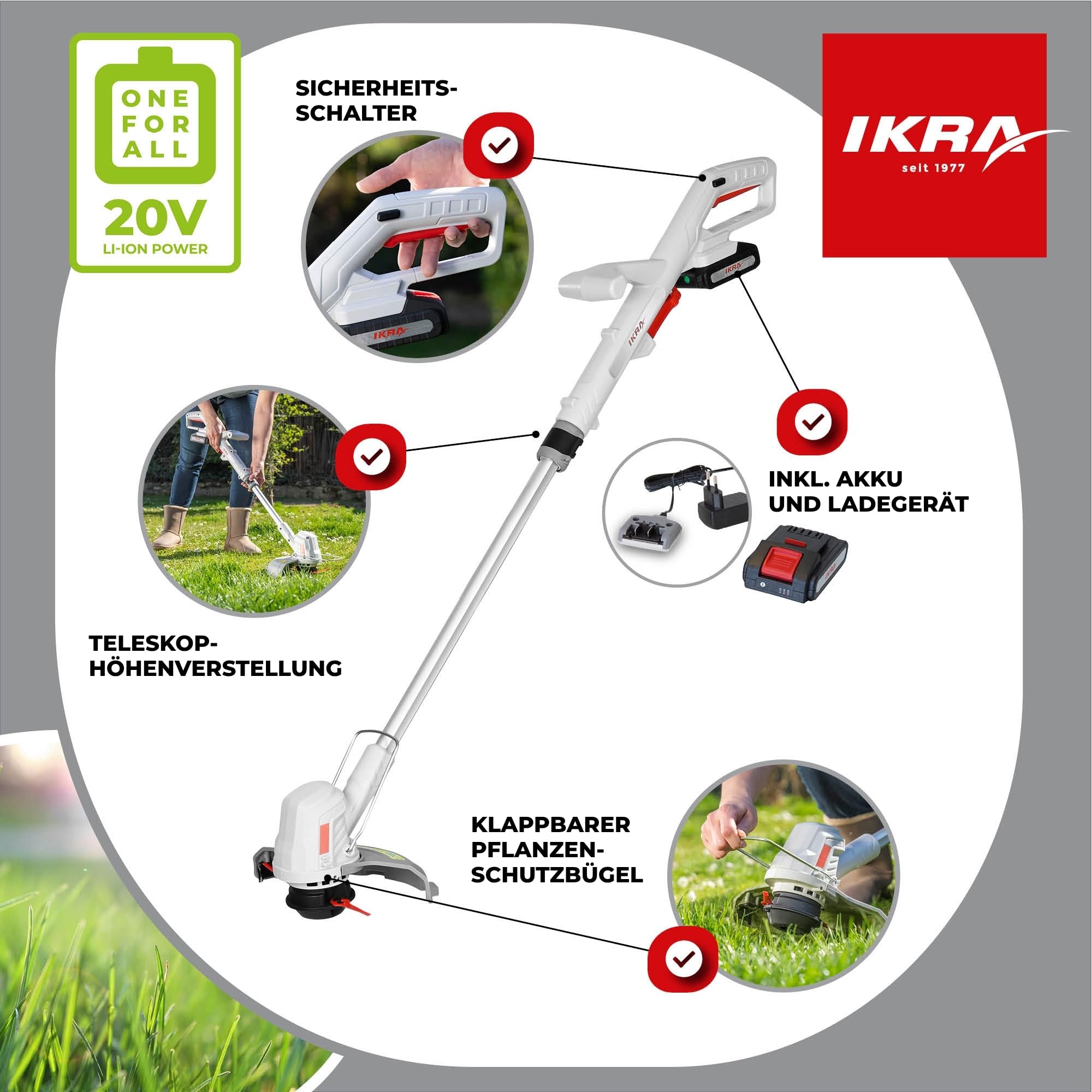 IKRA 2in1 Akku Rasentrimmer IART 2025 inkl. Fadenspule & 20 Nylonmesser | Inkl. Akku 20V 2,0Ah & Ladegerät, 2 Schneidsysteme, Teleskop-Höhenverstellung, 1,9kg leicht, 20 Volt Akku-Familie von IKRA