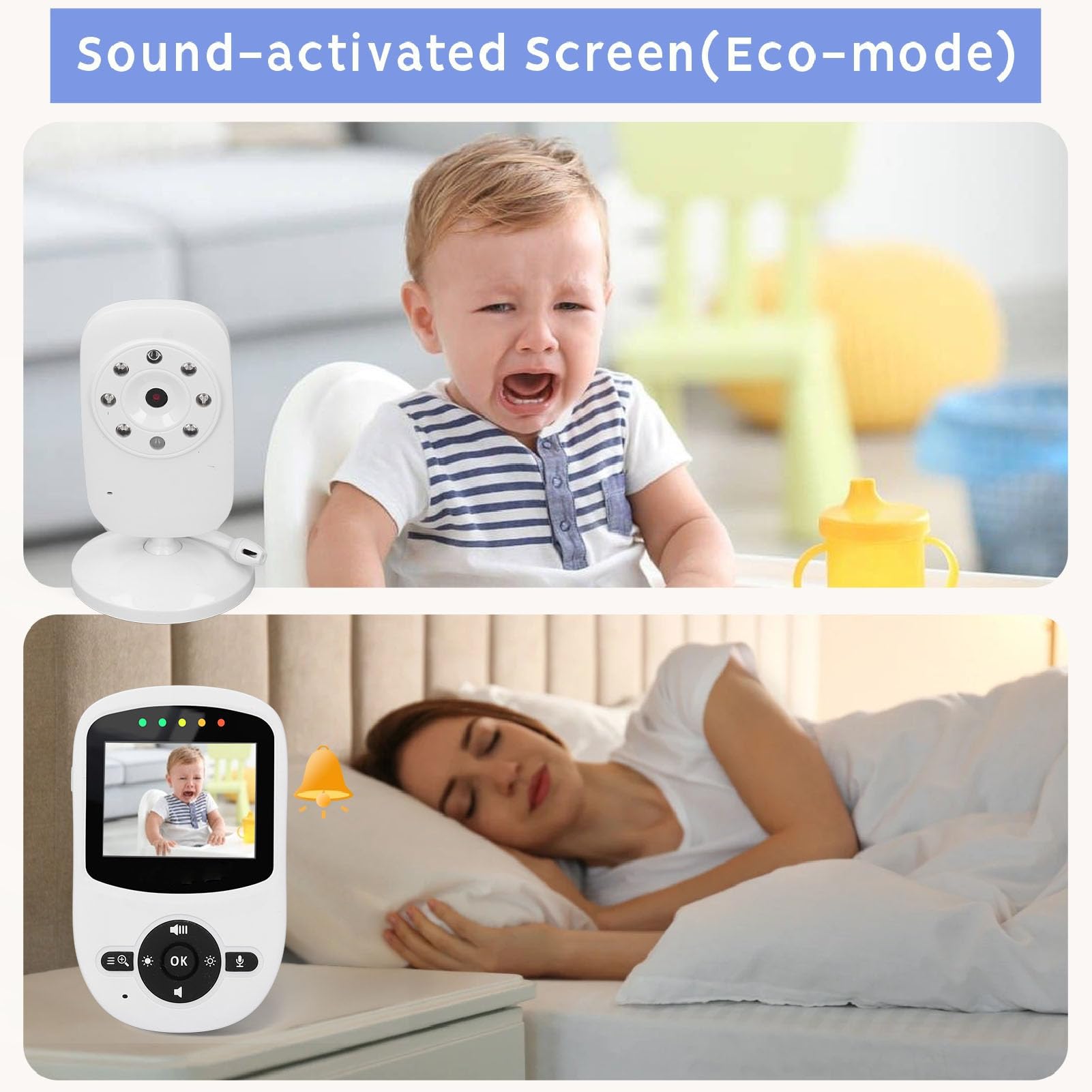 Fyearfly Caméra de Soins pour bébé + Kit Vidéo, Caméra D'affichage à Distance pour Enfants et Audio Écran Couleur 2,4 Pouces 2,4 GHz FHSS Vision Nocturne Détection de Mouvement Capteur de