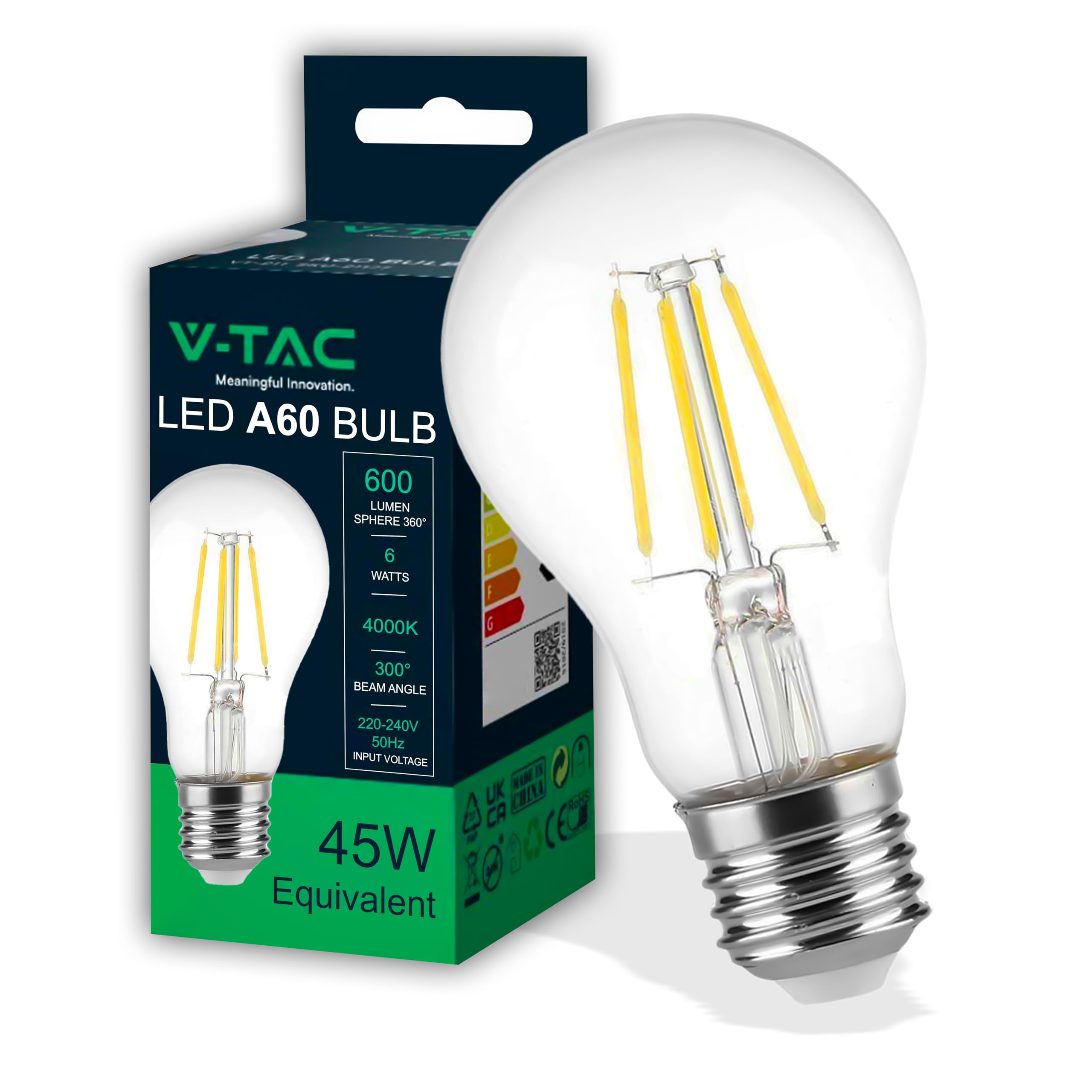 V-Tac Vt-1887 Lampadina A Led Lampada 6w Filamento E27 A60 4500k 300° 600lm - 214303