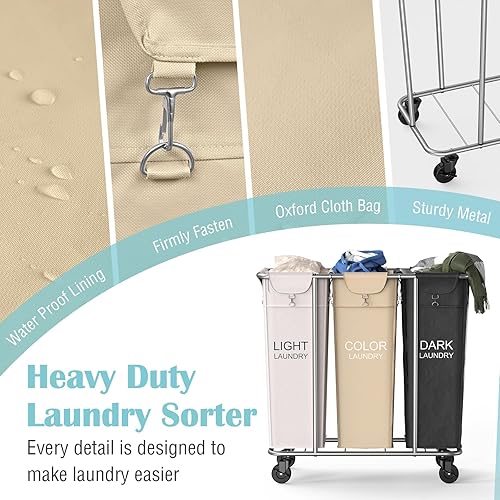 Miniatura 5 de PLKOW Clasificador de lavandería de 3 secciones, carrito de lavandería grande de 220 litros con ruedas, 3 cestas clasificadoras de ropa con marco de