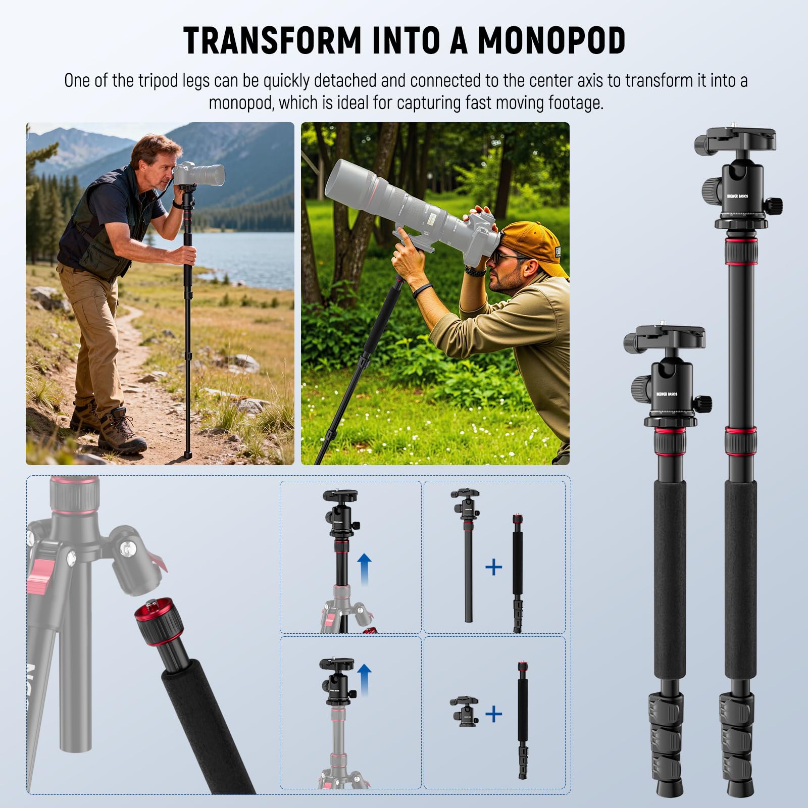 NEEWER BASICS Statyw monopod do aparatu, 180 cm Aluminiowa przenośna podpórka podróżna na telefon komórkowy DSLR z główką kuli 360° Uchwyt na telefon kompatybilny z iPhone do nagrywania wideo, TP15