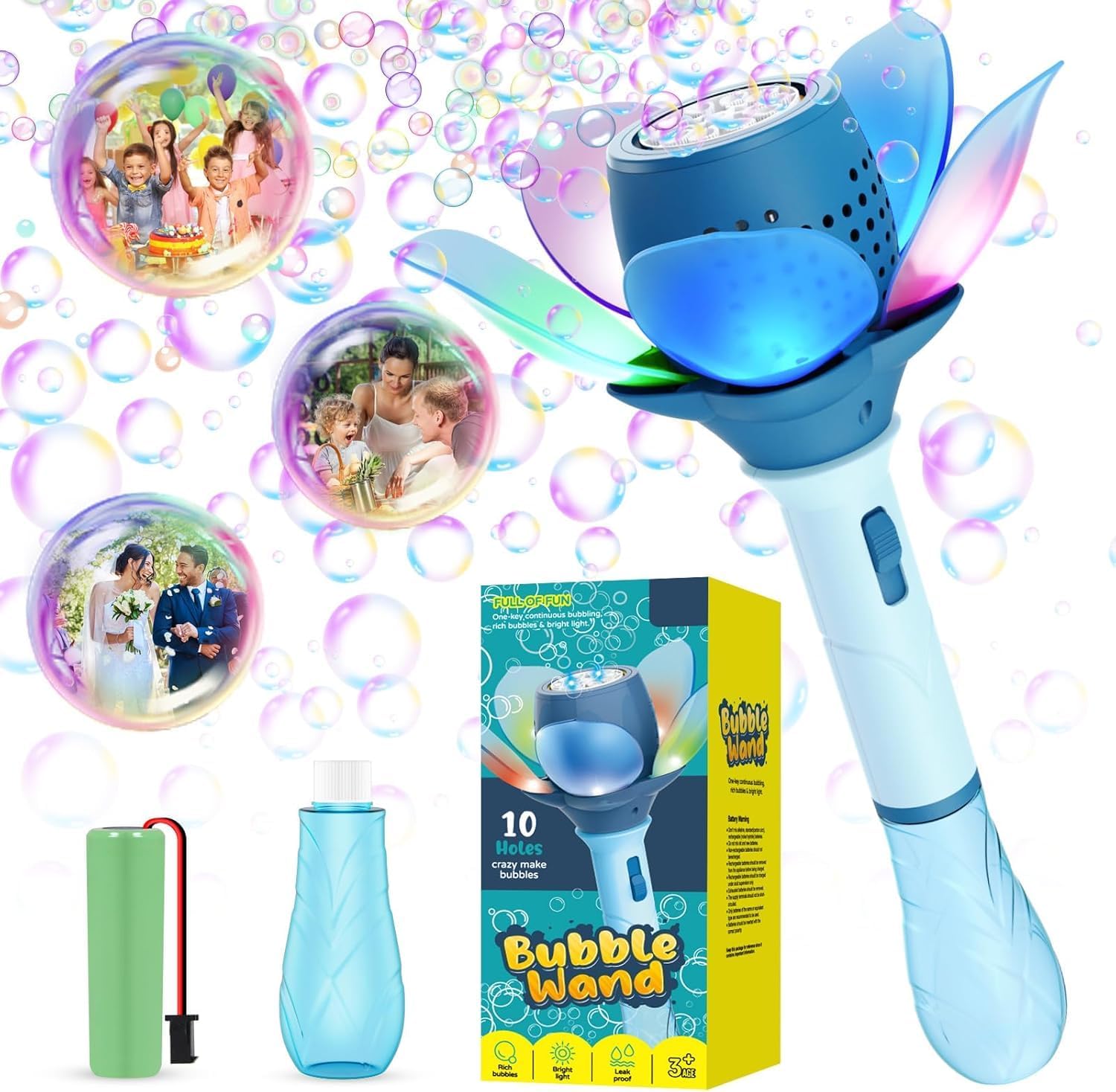 Electric Bubble Wand for Kids, Automatic Bubble Machine with LED Lights, 10000+ Bubbles per Minute, Flower Bubble Stick Toy, Portable Bubble Blower for Outdoor Play (Blue)-image-19