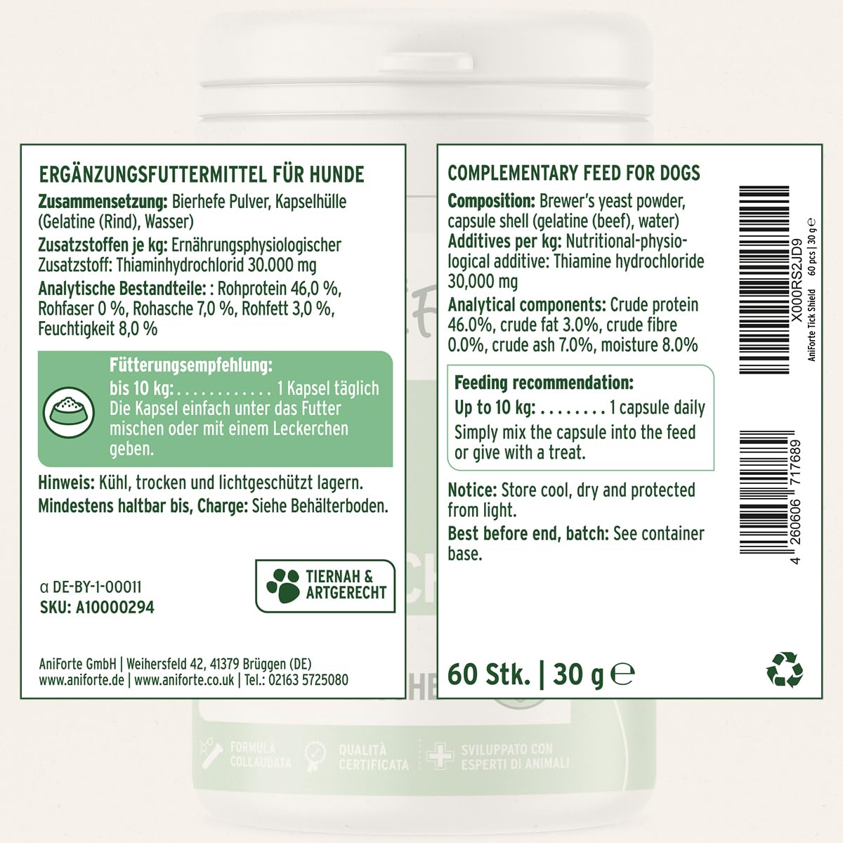 AniForte protezione zecche per cani fino a 10kg 60 capsule - scudo naturale contro zecche e parassiti, protezione antiparassitaria, antiparassitario e repellente zecche