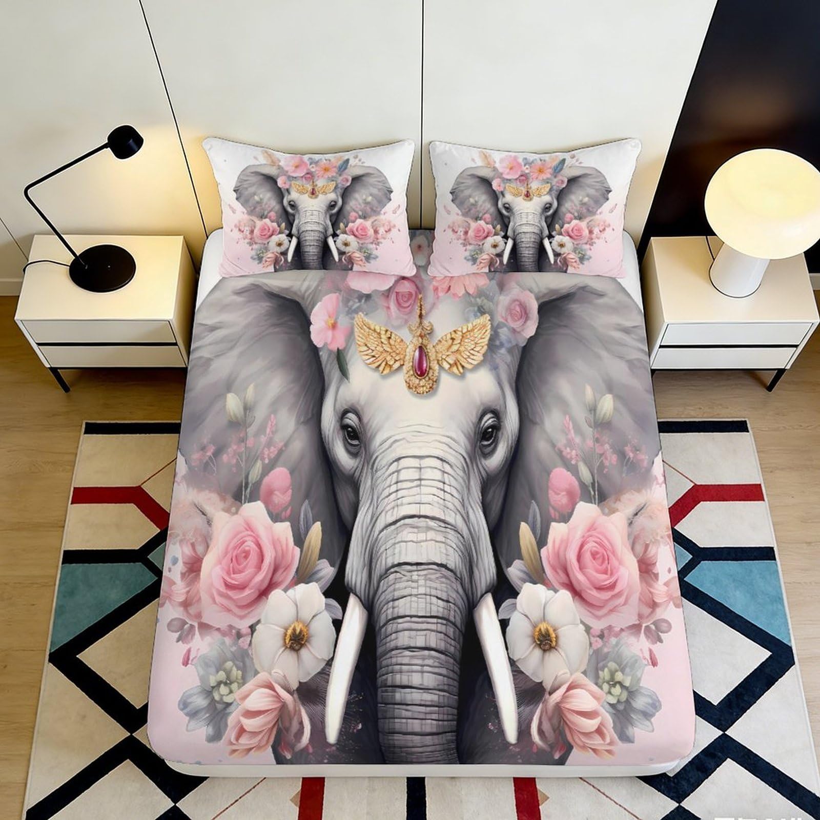 3D Printed Elephant Floral Fitted Sheet Microfiber Soft Breathable Animal Print Bed Cover for Bedroom Dormitory Guest Room Mattress Protection 200x200x25cm
