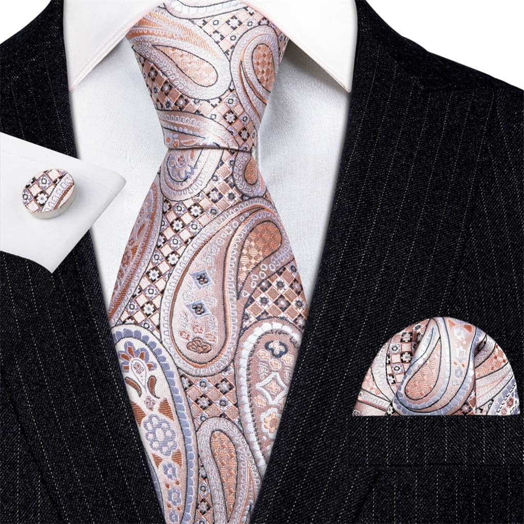 Ties For Men Silk White Paisley Neck Tie Pocket Square Cufflinks Set Wedding