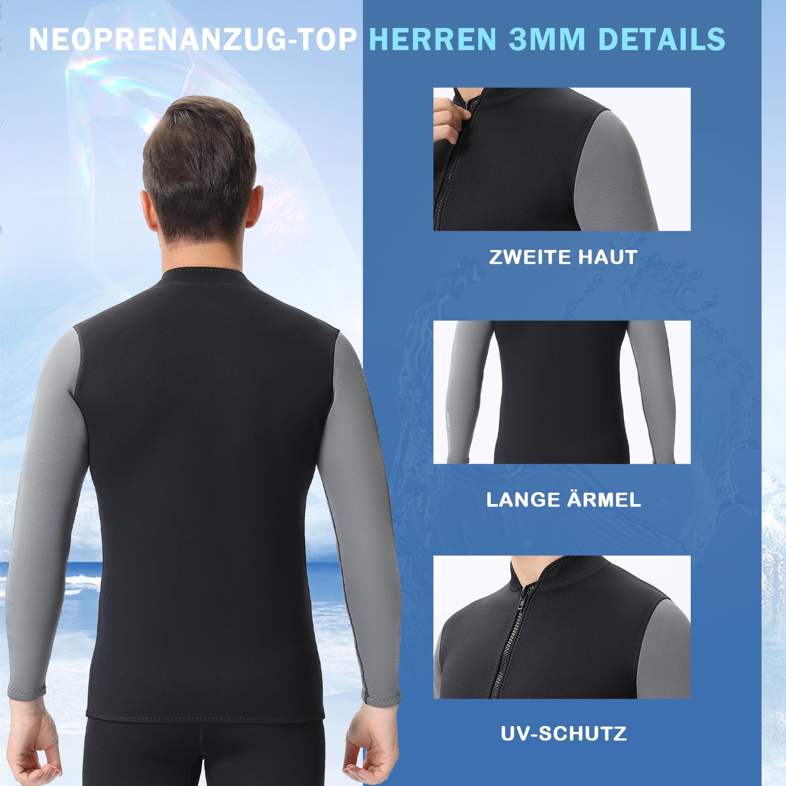FLEXEL Veste de Combinaison en Néoprène Homme Femme 3mm, Veste de plongée Top à Manches Longues Rash Guard Fermeture éclair sur Le Devant pour Le Surf, la Natation, la Plongée en apnée