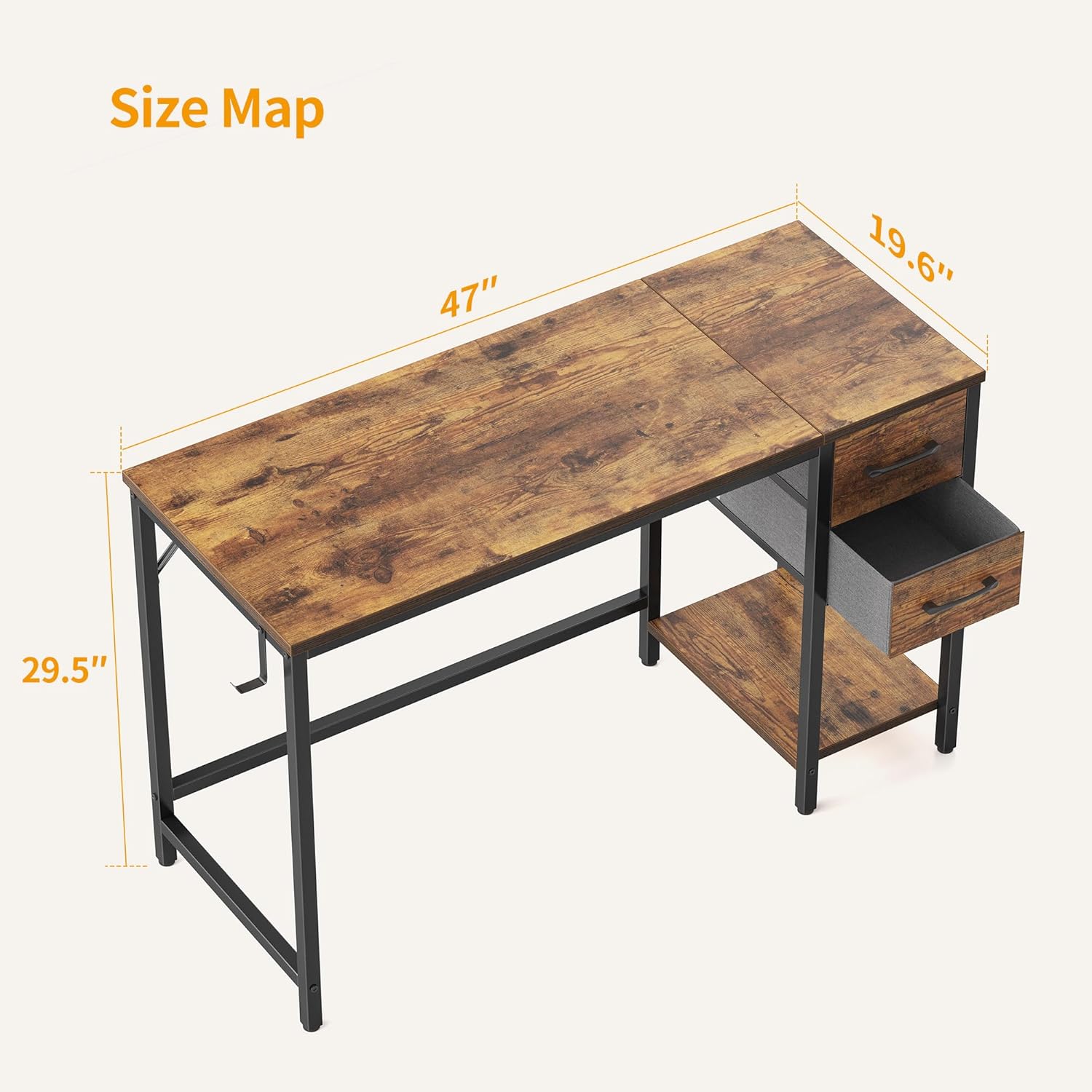 Diagram showing the dimensions of the CubiCubi 47-inch computer desk: 47 inches wide, 19.6 inches deep, and 29.5 inches high.