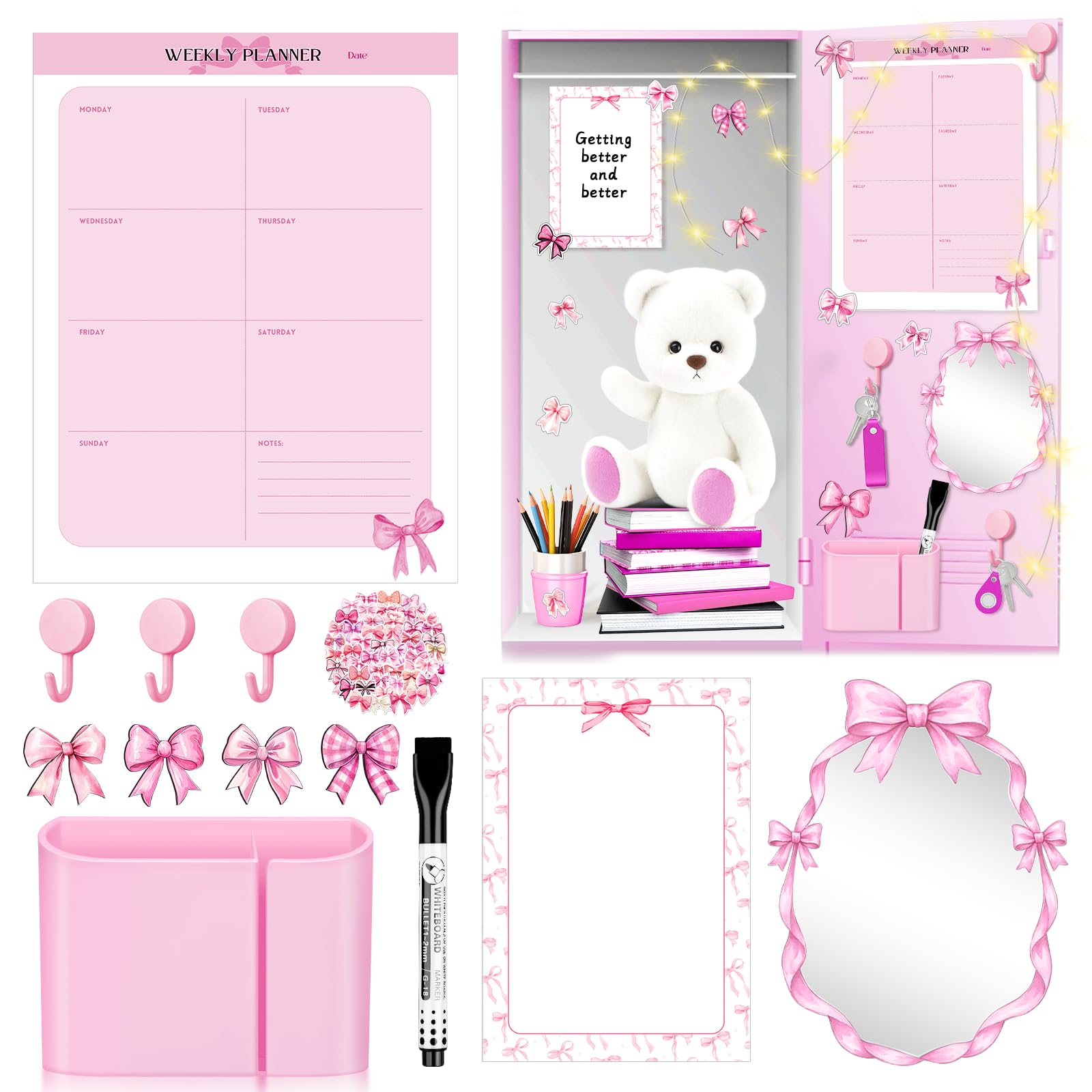 Gosodeny 15 Pieces Pink Bow Locker Accessories for Girls with Pink Bow Magnetic Coquette Mirror Bow Whiteboard Schedule Pen Holde Organizer for Locker Decor Back to School Essentials