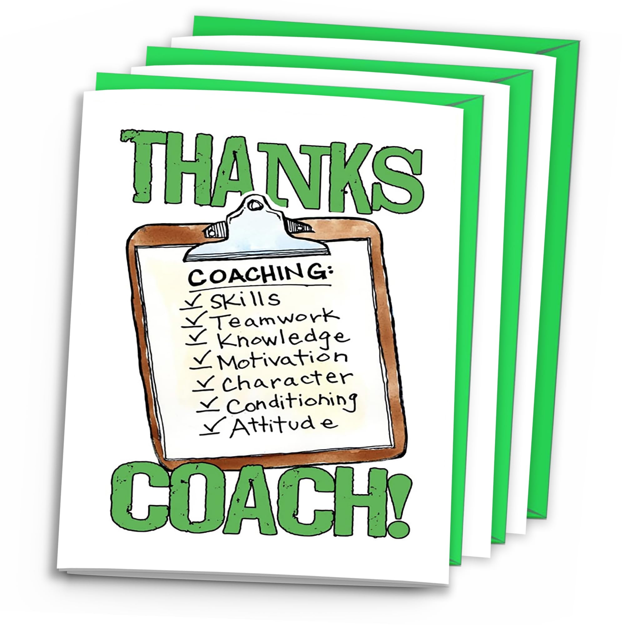 Play Strong 3-Pack Thanks Coach (Green) You're The Best Clipboard 3-Pack (5x7) Greeting Cards Perfect for Sports Team Banquet Party Thank You Coach