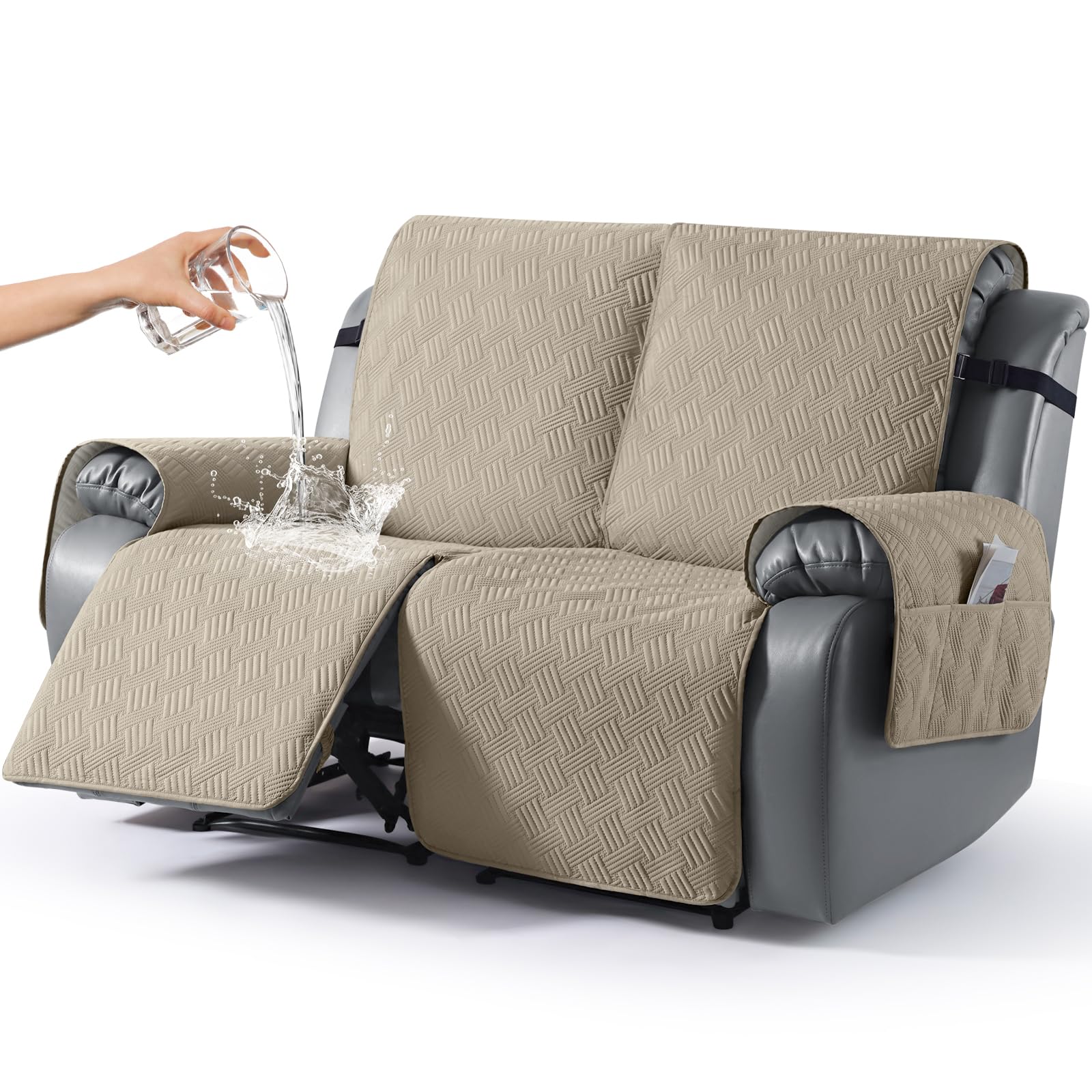 KinCam Funda Sillon Relax reclinable, Impermeable Funda para Sillón Relax con Bolsillo Laterales y Correas elásticas para Perros y Mascotas, Suave y Lavable Funda Sofa 2 plazas Gris Pardo