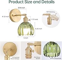 Vista 5 de Vintage Battery Operated Wall Sconce with Green Tulip Glass Lampshade Rechargeable Battery Powered Wall Light with Remote Control for Bedside