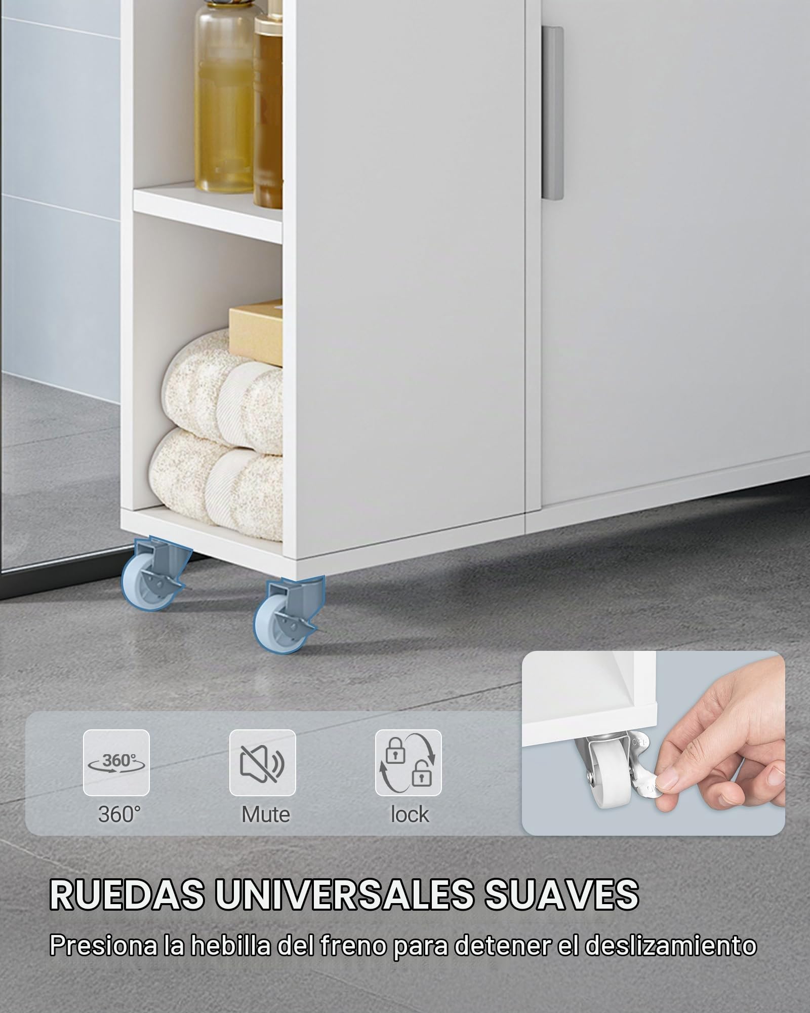 Hzuaneri Mueble de Baño on Ruedas, Estrecho, Mueble Empotrado con Puertas Correderas, Portarrollos, Estantes Ajustables, para Baño, Salón y Cocina, 20 x 70 x 80 cm, Blanco BC66603X