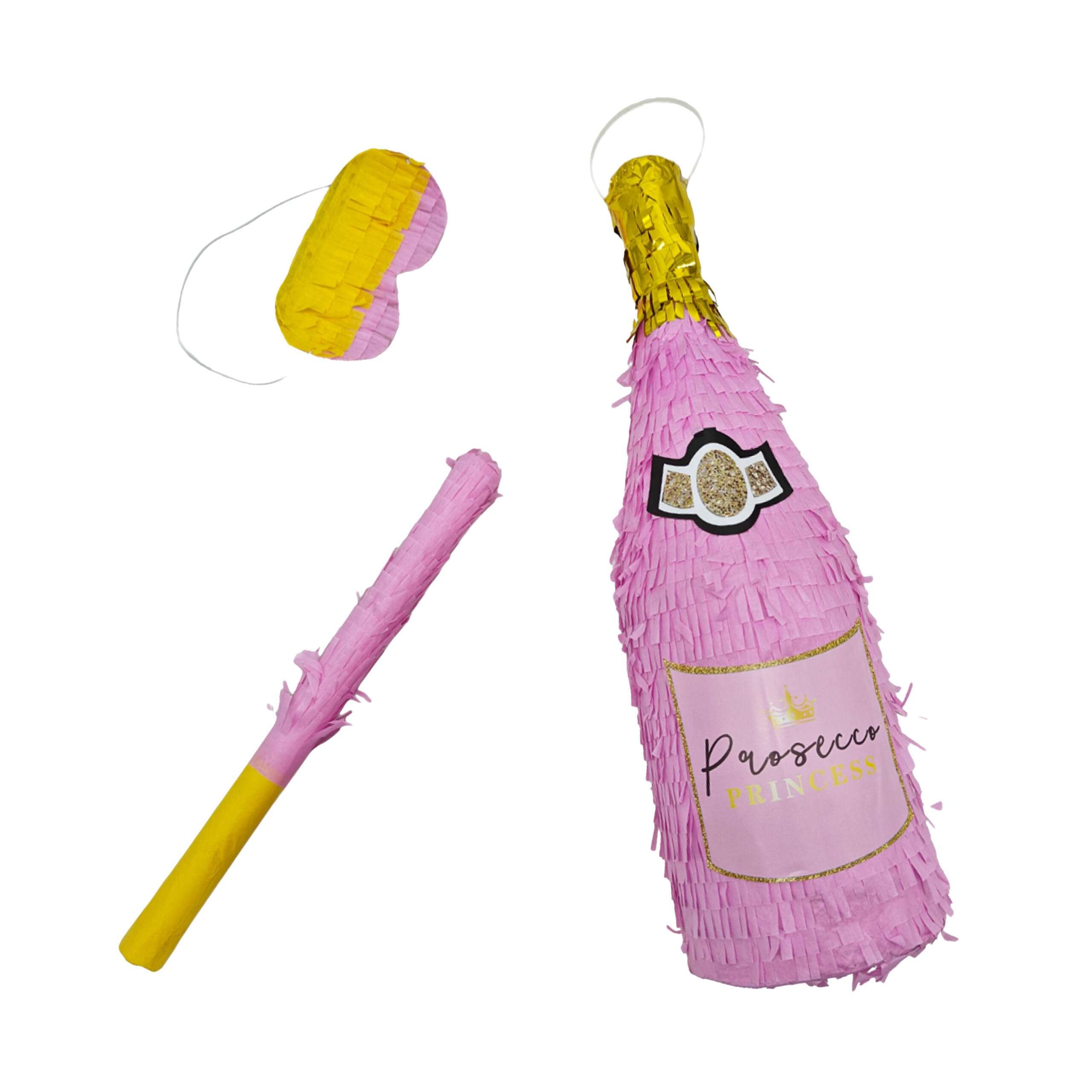 Relaxdays Champagne Bottle Piñata, Hanging Birthday Party Fillable with Bat & Mask, Pink & Gold, 51 x 13.5 x 13.5 cm