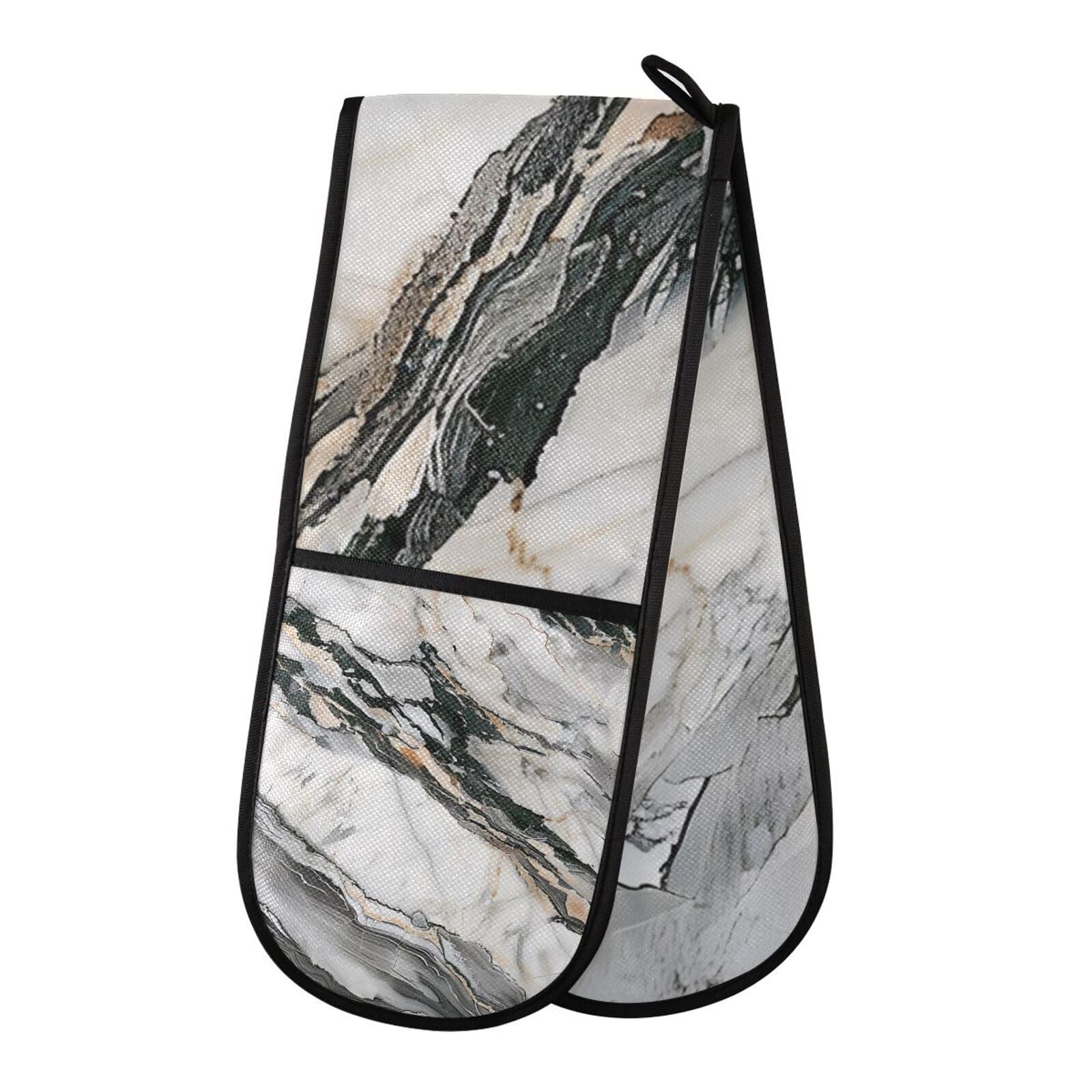 Oven Gloves Double Oven Gloves Marble White Gray Marble Oven Mitts Pot Holder Heat Resistant Quilted for BBQ Baking Kitchen Cooking Gloves