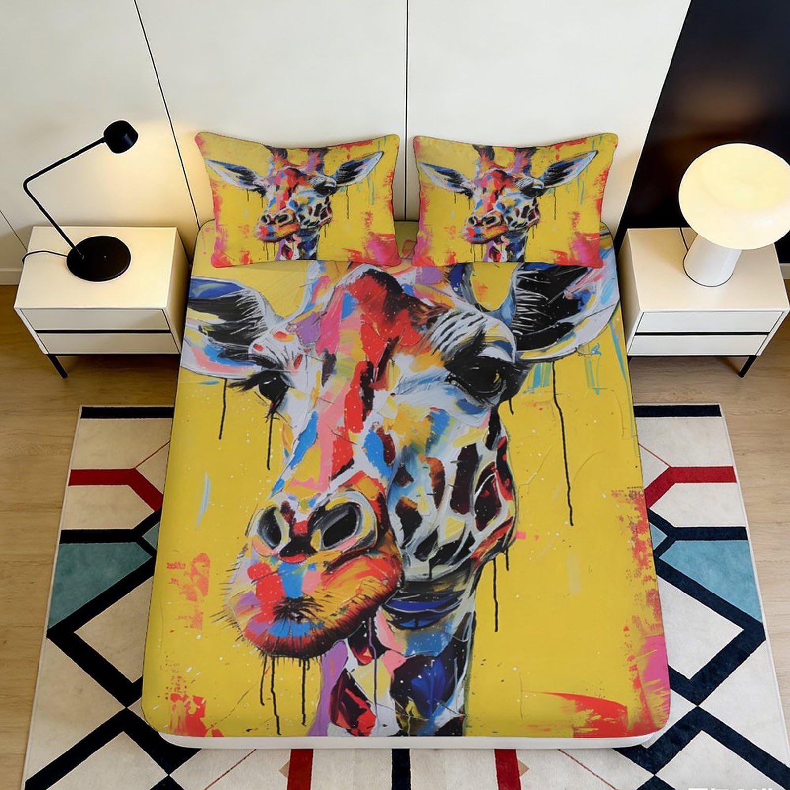 3D Printed Colourful Giraffe Fitted Sheet Microfiber Deep Pocket Non-Slip Bedding Colourful Giraffe Mattress Fitted Cover Elastic Hem Washable for Adults Teens 140x200x25cm