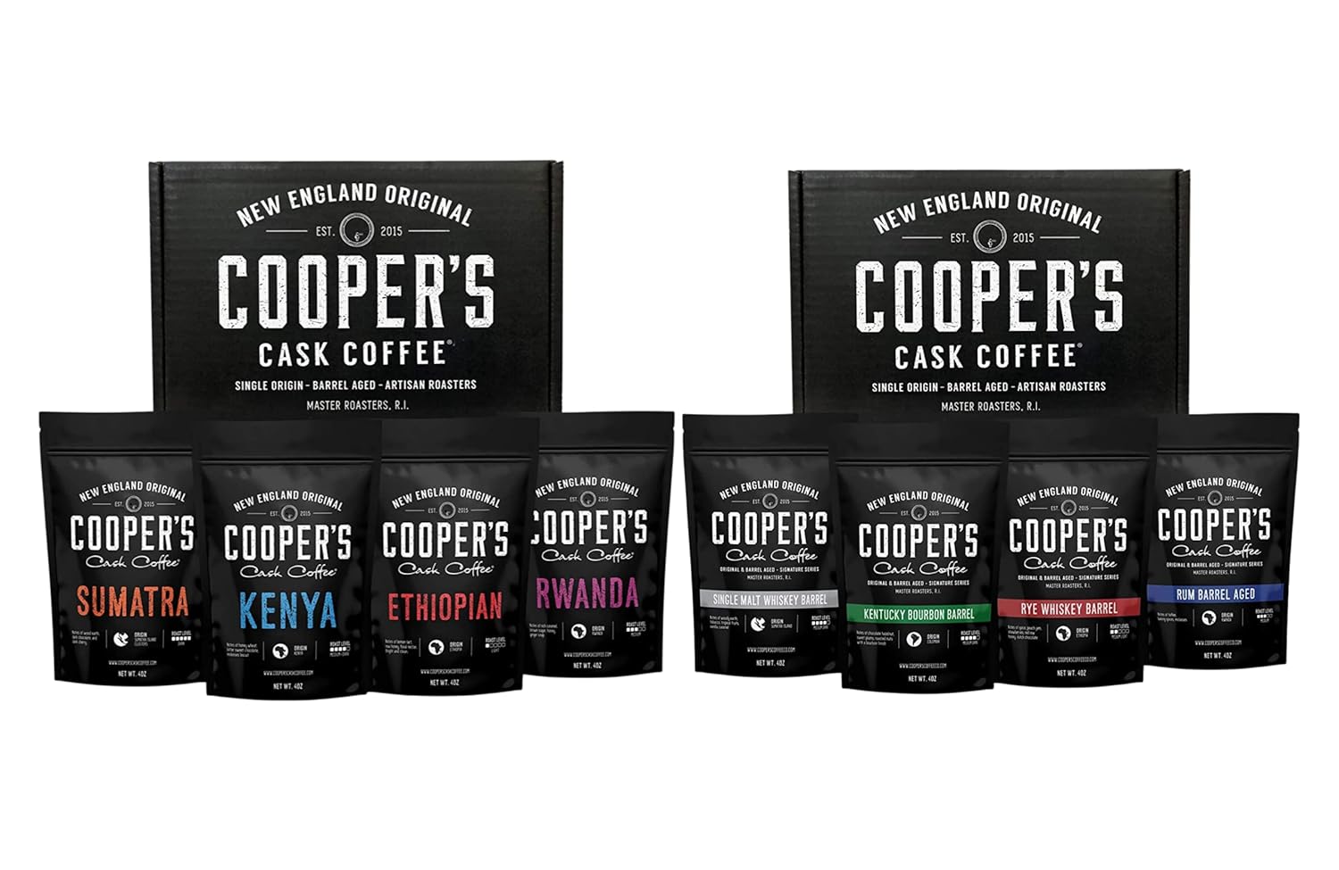 Bourbon Barrel Aged Coffee Whole Bean Set - 4oz Bags and Gourmet Coffee Sampler Gift Box Set - Ground Coffee - 4oz Bags