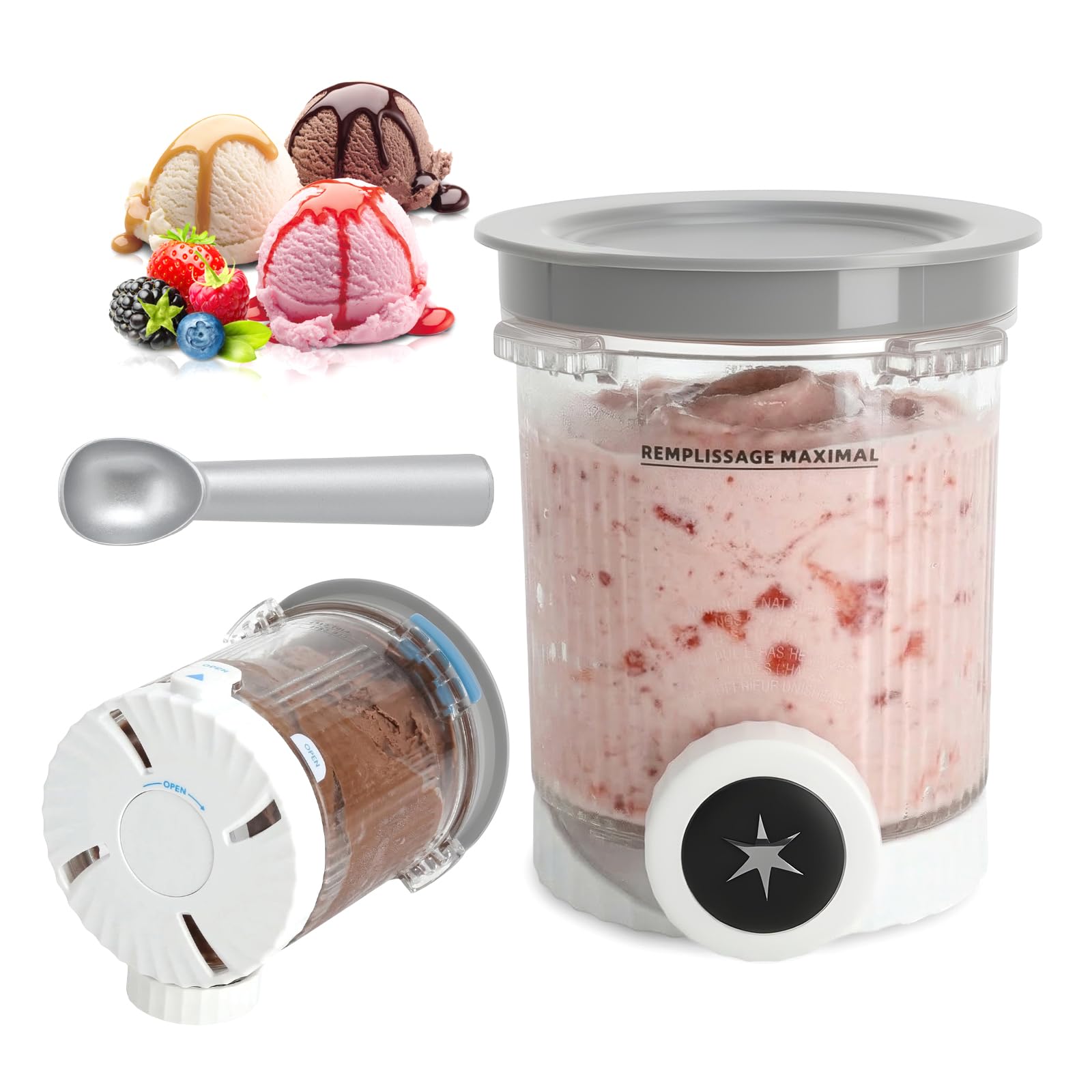 Creami Słoik Swirl Creamy Bowl, zestaw 2 słoików kompatybilny z NC700 NC701, nie zawiera BPA, wodoodporny, zmywalny, kompatybilny z maszyną do lodów z pokrywką i łyżką
