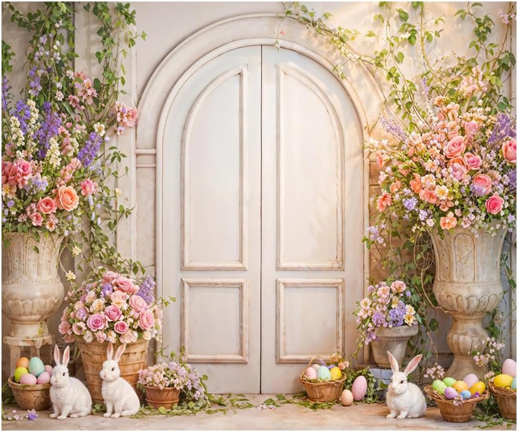 Kate 7x5ft White Rabbit Happy Easter Day Photography Backdrops Front Door Spring Colorful Flowers Colorful Eggs Photo Background
