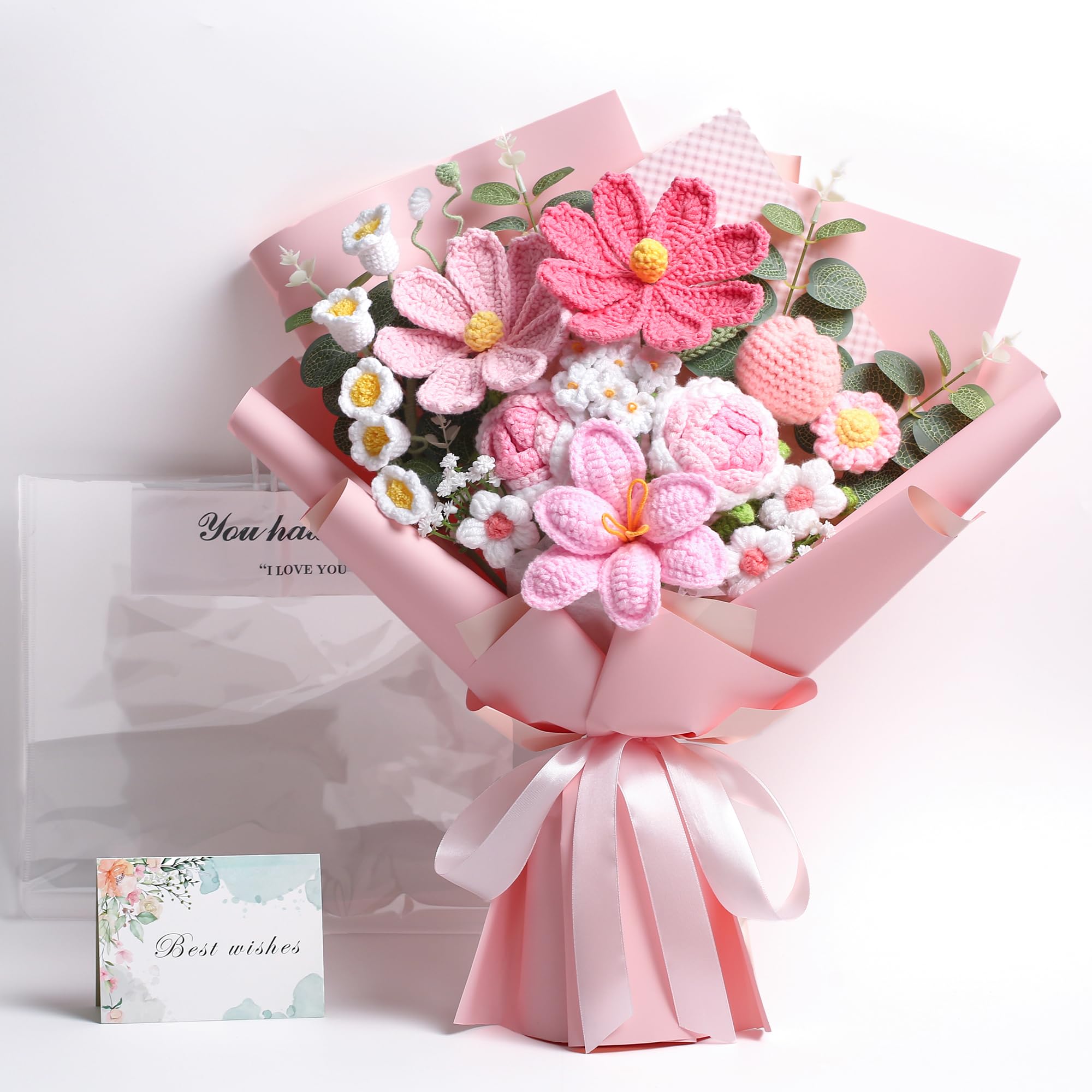Häkelblumenstrauß Premium Edition - Handgestrickter Rosenstrauß für Heimdekoration, Hochzeiten, Geburtstage, Muttertag - Inklusive Geschenktüte und Grußkarte, Kunstblume