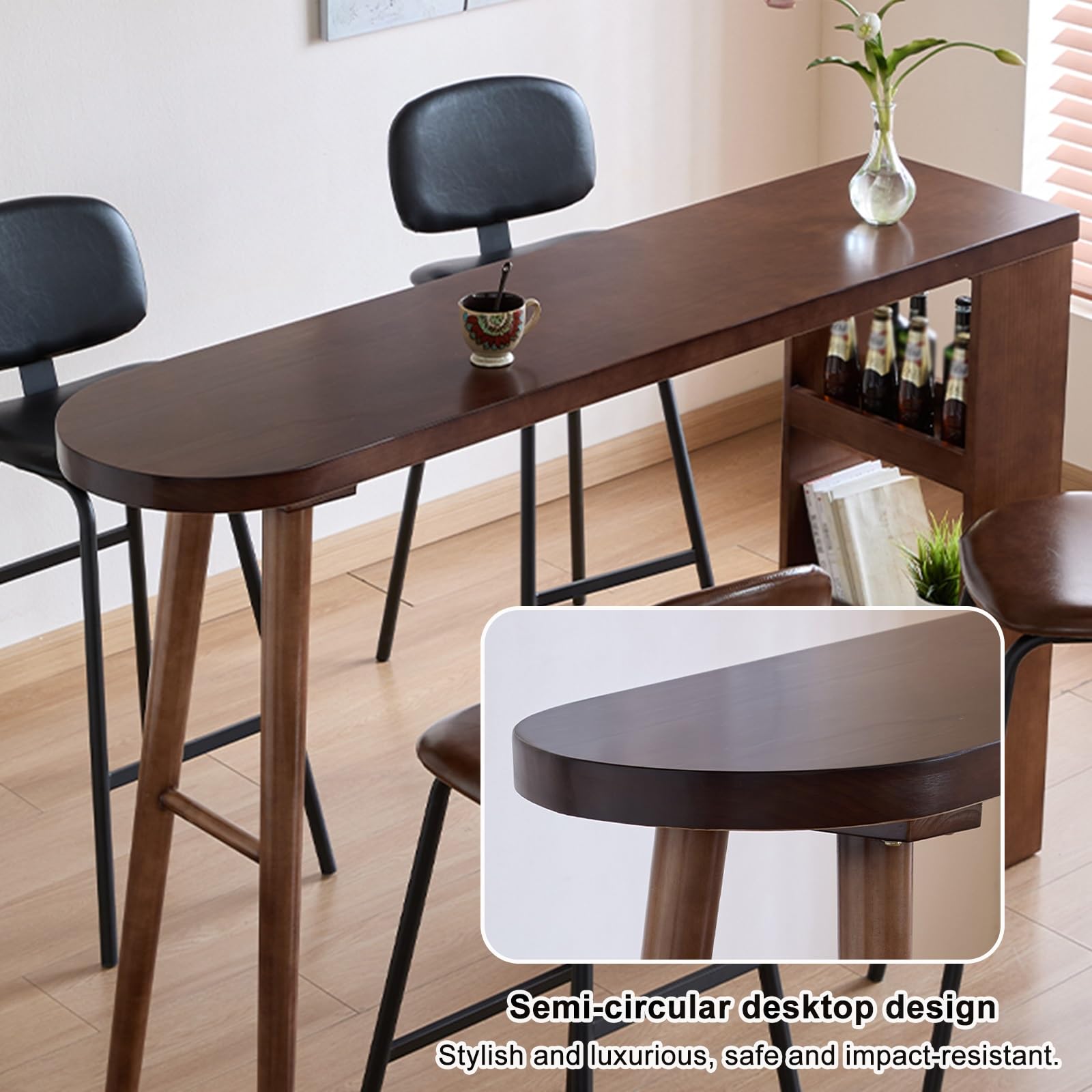 Table de bar en bois massif, table haute et longue avec étagères de rangement, table de bar en bois à hauteur de comptoir avec pieds robustes, pour salon, salle à manger (180 x 40 x 105 cm / 70,8 x