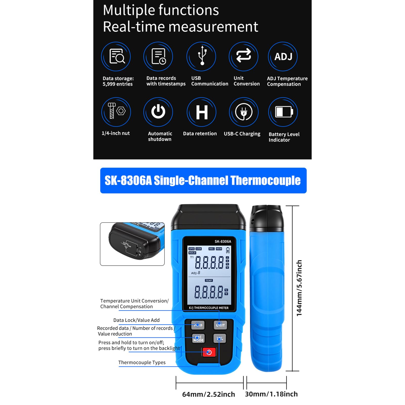 Karlak Termómetro Termopar Digital Medidor de Temperatura Medidor de Temperatura Doble Canal Tipo K J Alta 5999 Almacenamiento Datos Batería Recargable U (SK-8306A Monocanal)