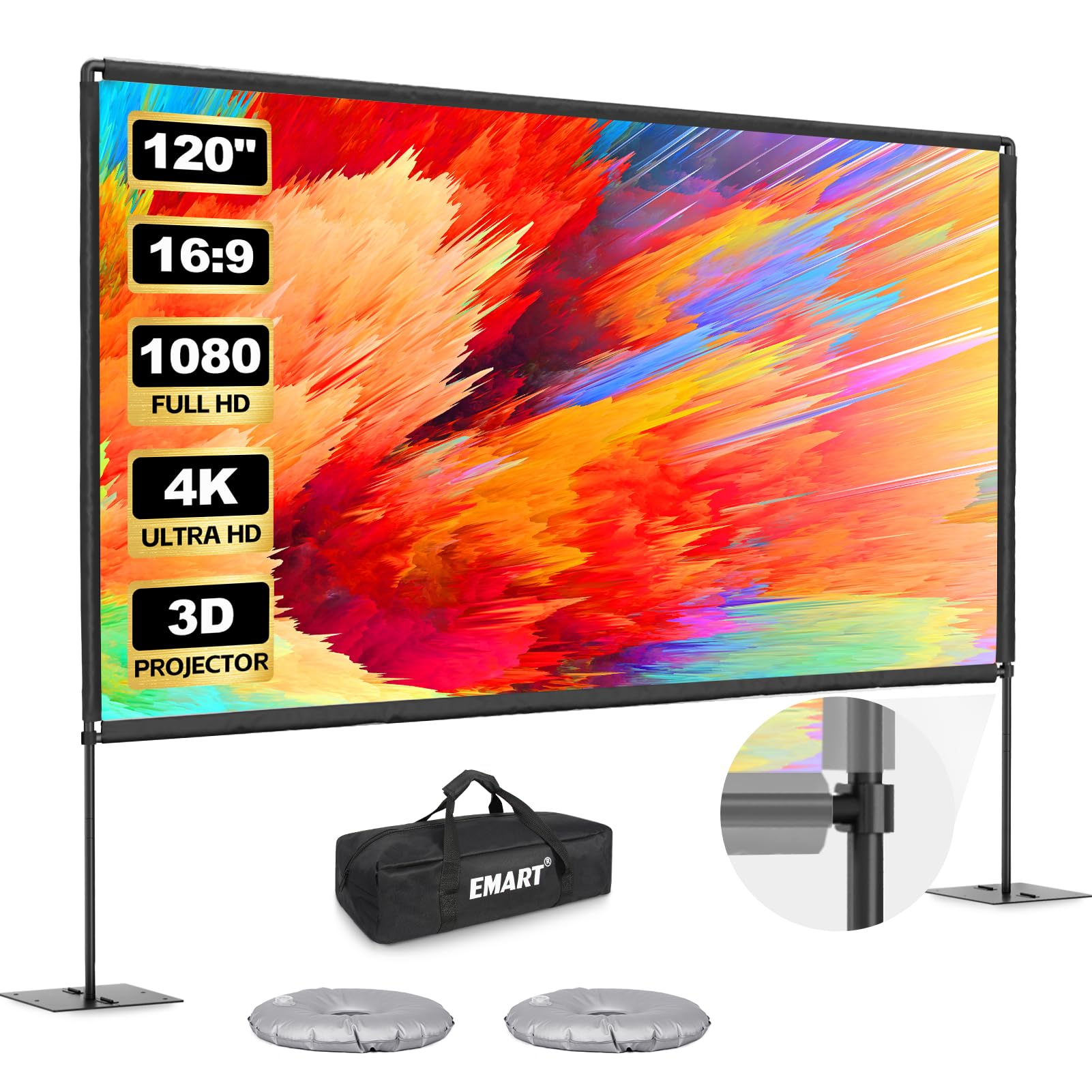 EMART przenośny projektor na płótnie ze stojakiem, 16:9 HD, 4K, składany, do użytku wewnątrz i na zewnątrz, z torbą do przenoszenia i solidną podstawą, do ogrodu, na imprezy i do kina domowego