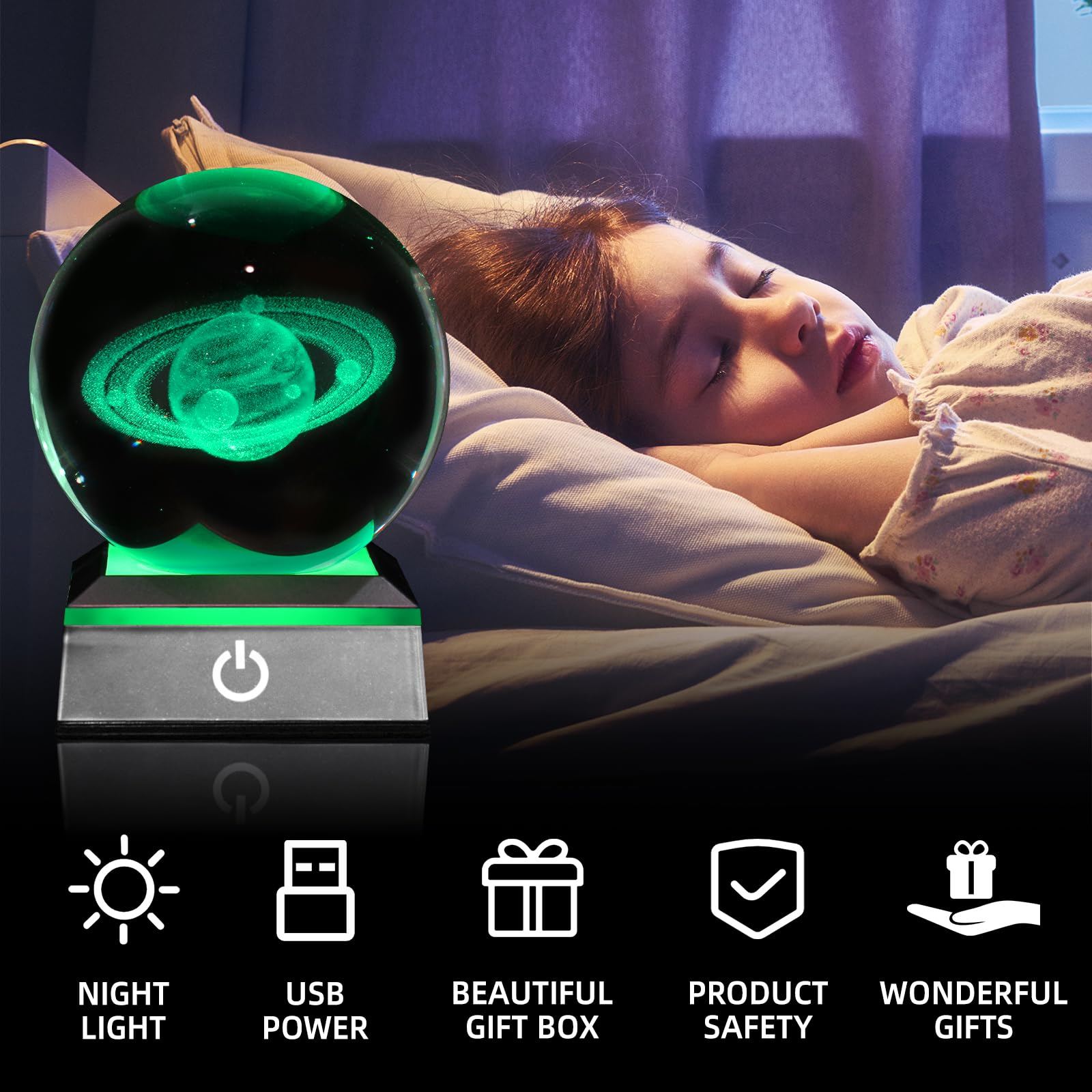 3D Saturn kryształowa kula lampka nocna 8 cm szklana kula lampa stołowa ze zmieniającą się kolorem podstawą dotykową dekoracja idealne prezenty Saturn dla przyjaciół dzieci Boże Narodzenie