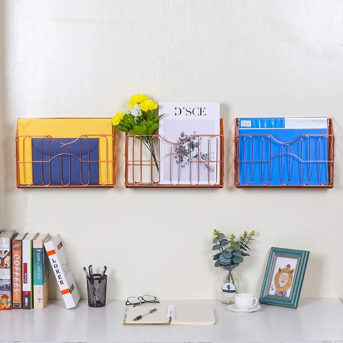 PAG 3 Pockets Wall File Holder Hanging Mail Organizer Wall Mounted Magazine Rack for Office and Home, Rose Gold : Office Products