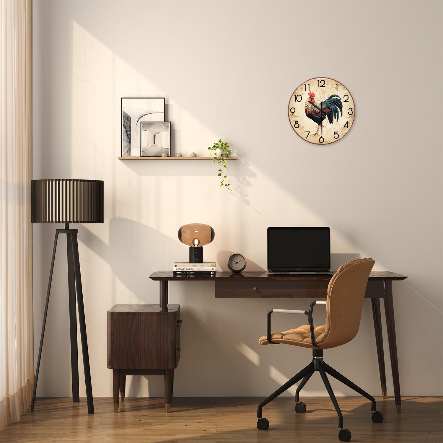 XNM Round Rustic Wall Clocks for Kitchen Living Room Decor 12 Inch Glass Rooster Clock Battery Operated Brown Silent Wall Clock Non Ticking