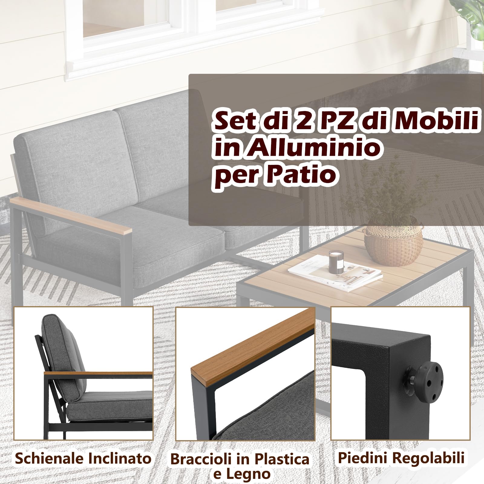 RELAX4LIFE Tavolo da Giardino con Sedie, Tavolo da Esterno con Divano a 2 Posti, Panca da Giardino con Tavolino in Alluminio con Cuscini e Braccioli, per Interno, Cortile e Terrazza, 124×72×75cm