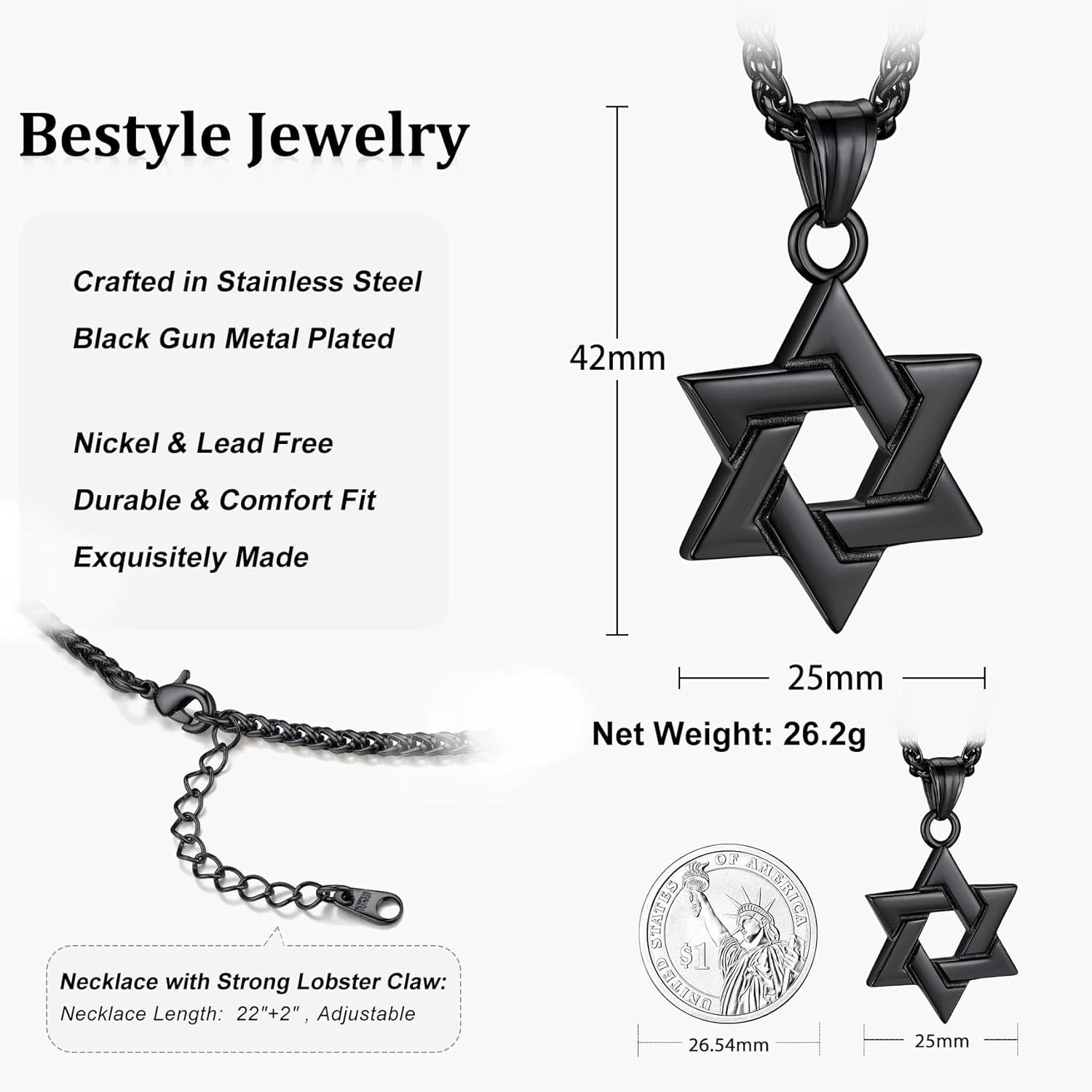 Bestyle Star of David Necklace Handmade Stainless Steel Hexagram Pendant Israel Jewish Star Necklace Religious Jewelry, Protective Amulet Gift for Men Boys - Image 6