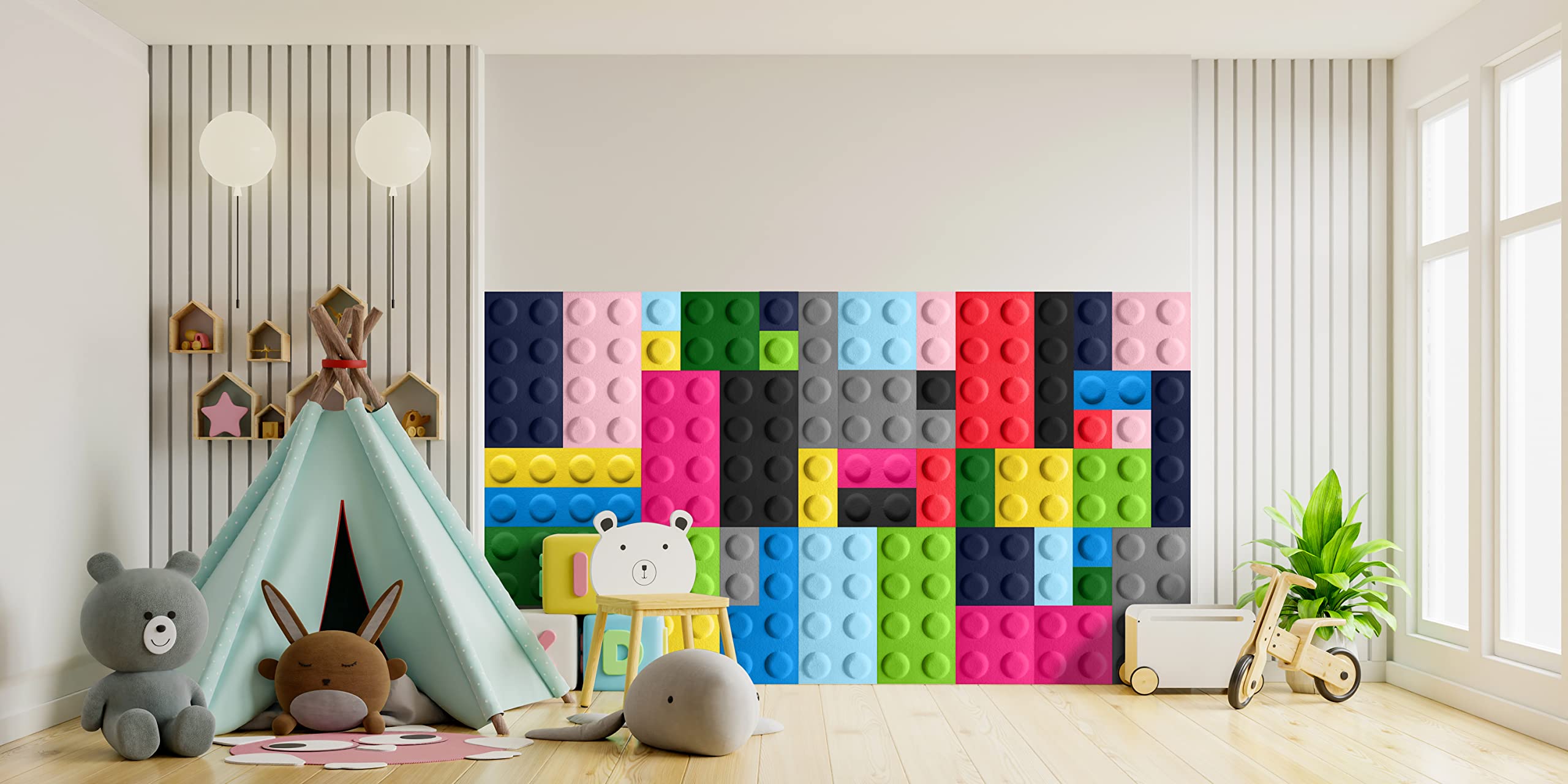 3D Panele ścienne do pokoju dziecięcego I Akustyczne poduszki ścienne z filcu w formie klocków I Dekoracja i osłona ściany I 3D panele do dekoracji pokoju dziecięcego